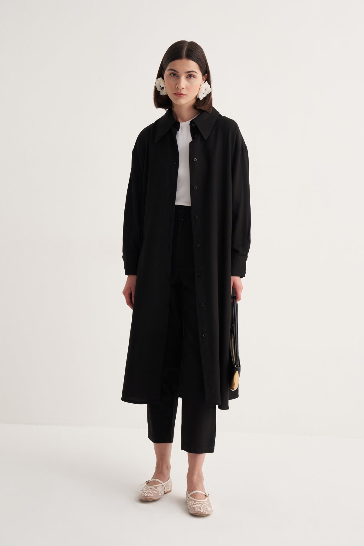 Kadın Dökümlü Pamuklu Oversize Uzun Gömlek Elbise Siyah