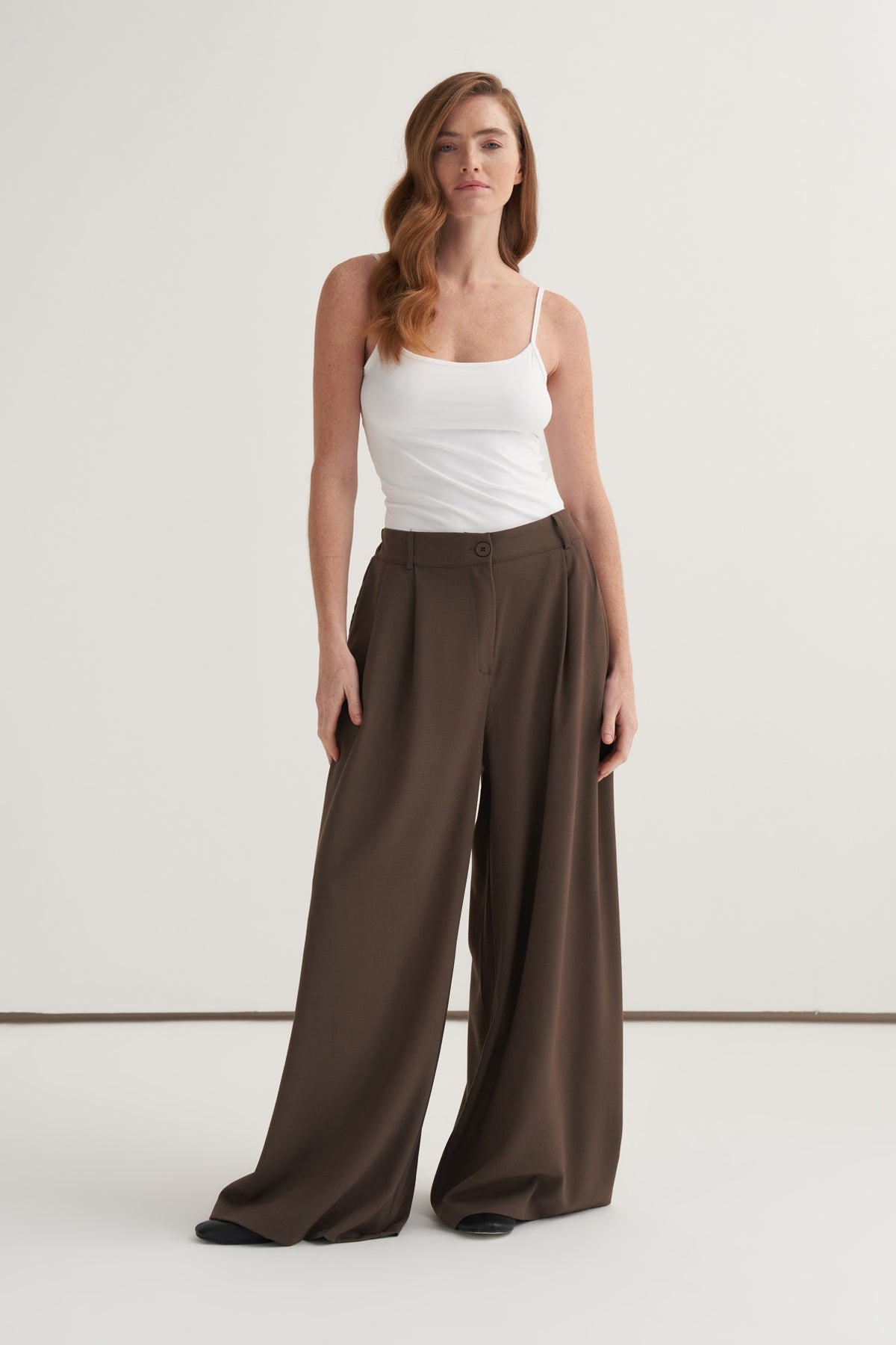 Kadın Çift Pileli Bol Paça Palazzo Pantolon Koyu Vizon