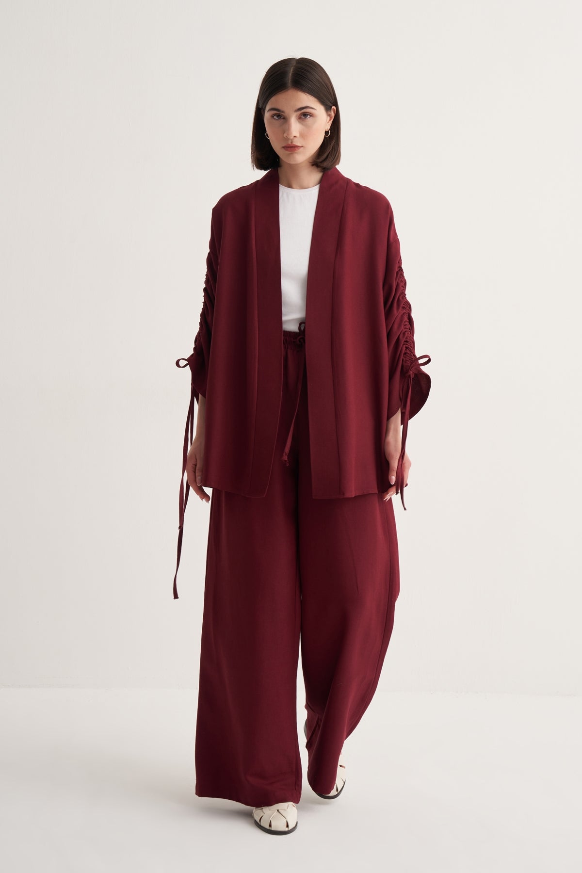 Kadın Dökümlü Pamuklu Büzgü Detaylı Kimono Pantolon Takım Bordo