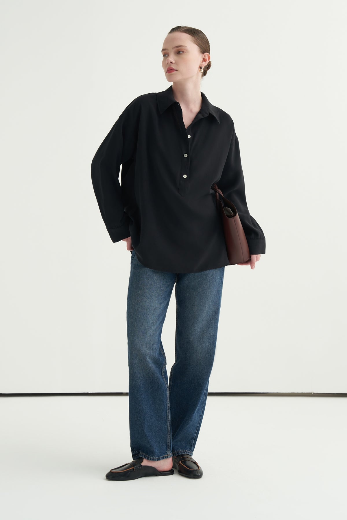 Kadın Modal Pat Kapamalı Gömlek Siyah