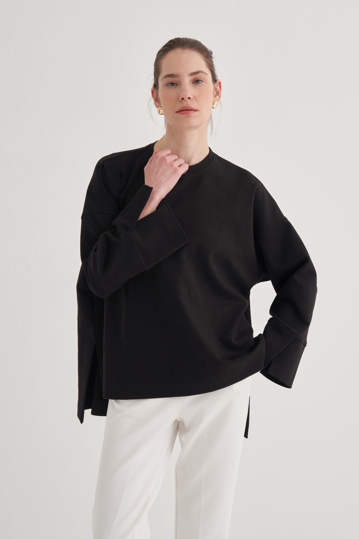 Kadın İnterlok Kol Detaylı Bluz Siyah