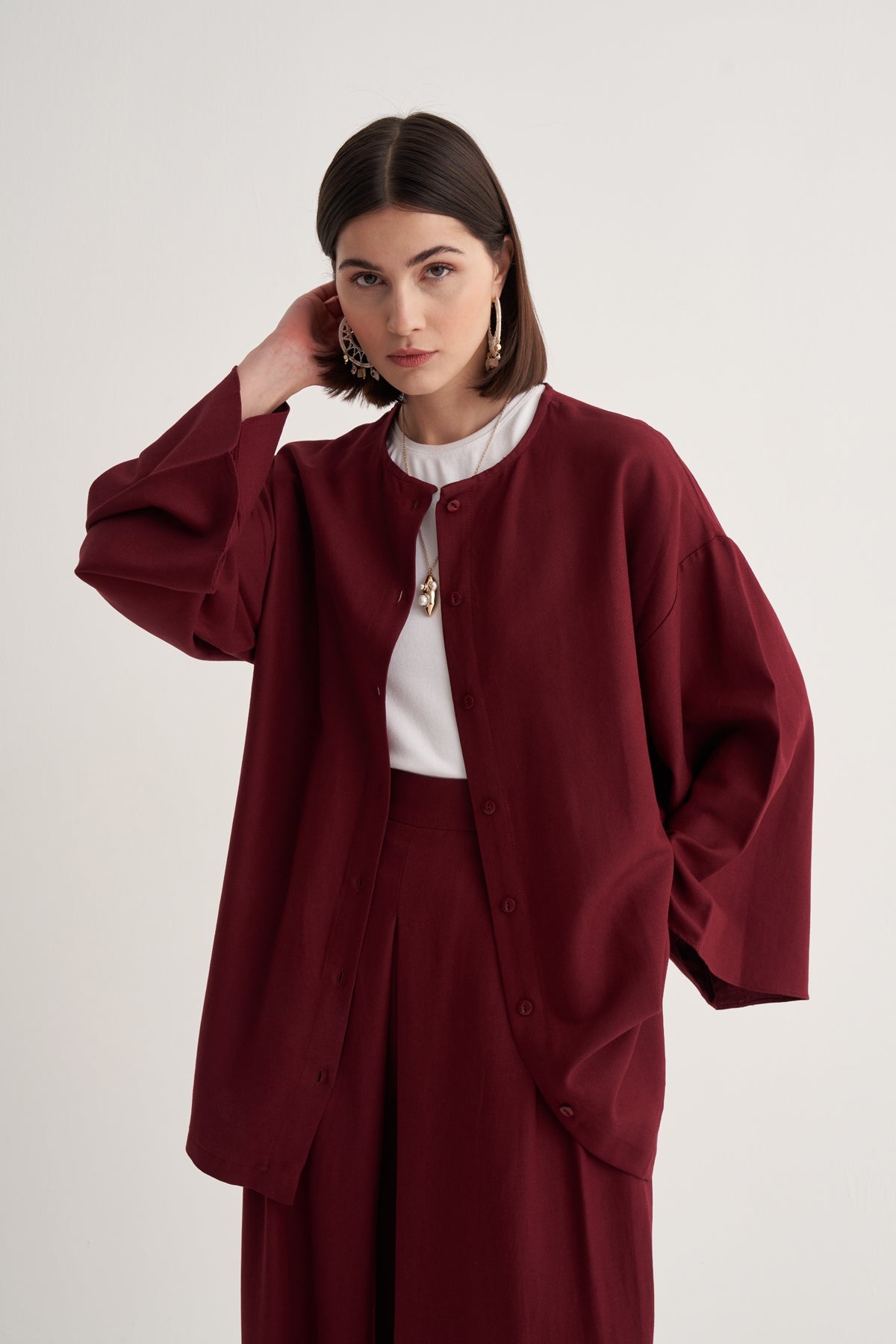 Kadın Dökümlü Pamuklu Kimono Gömlek Bordo