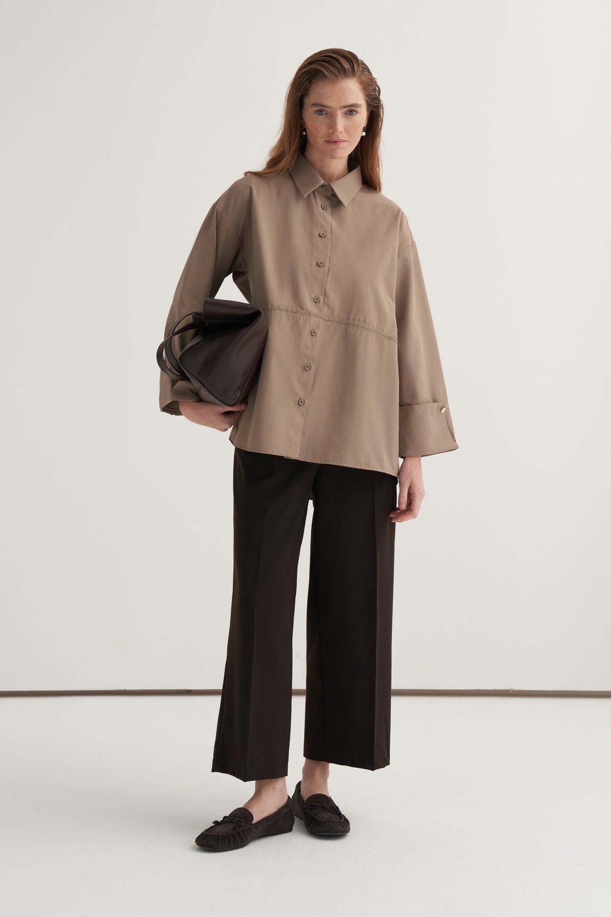 Kadın Oversize Kol Düğmeli Gömlek Vizon