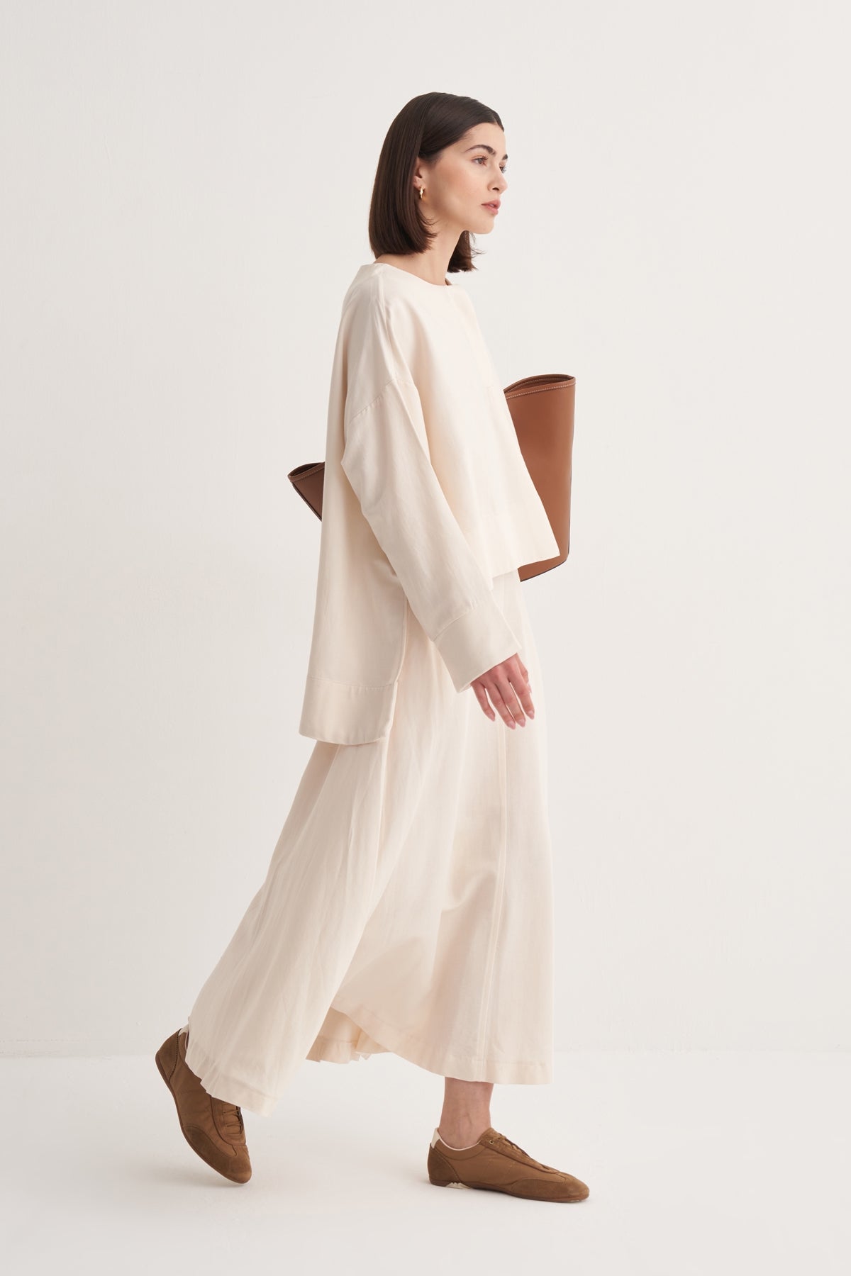 Kadın Dökümlü Pamuklu Pileli Bluz Etek Takım Kemik