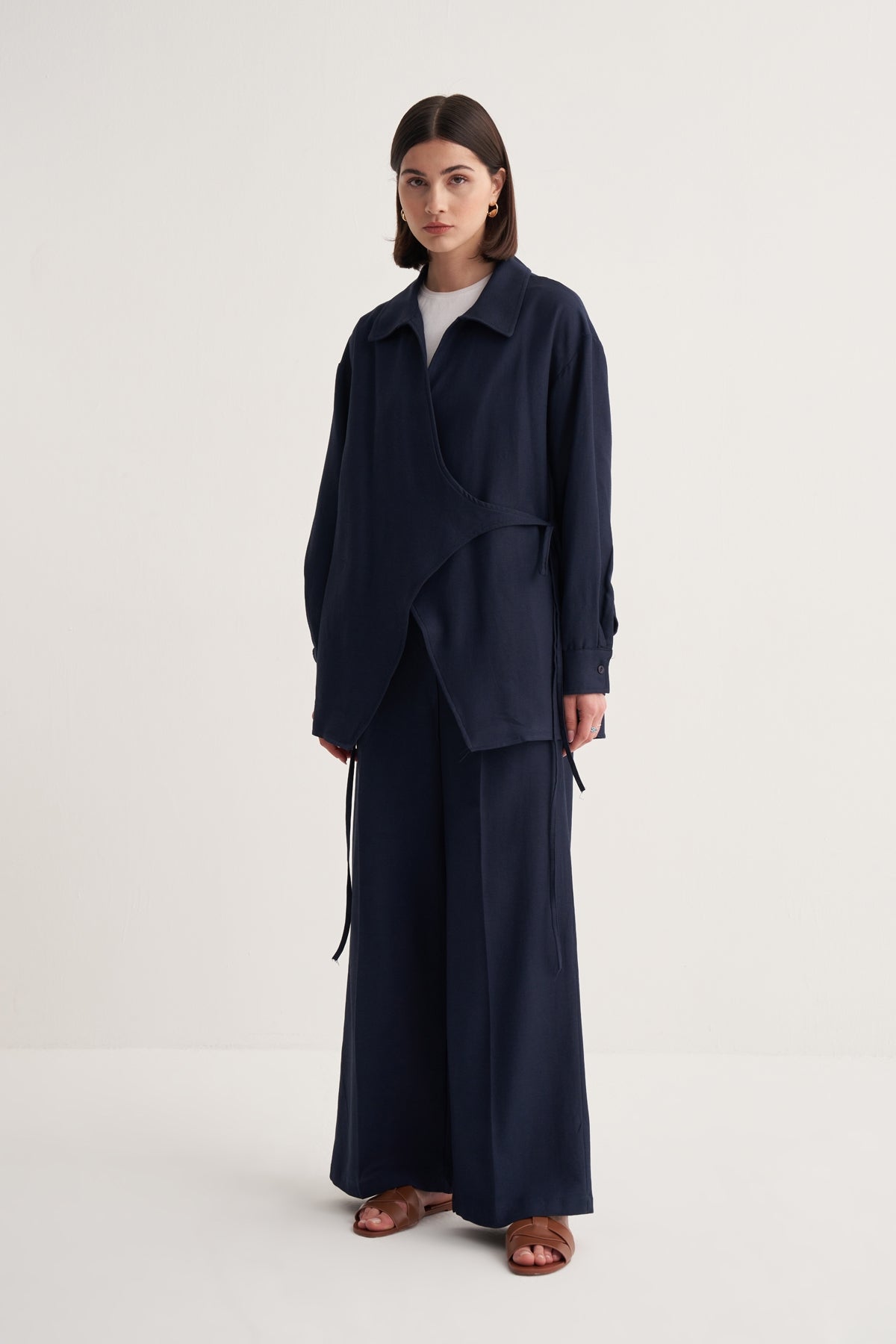 Kadın Dökümlü Pamuklu Yakalı Kimono Lacivert