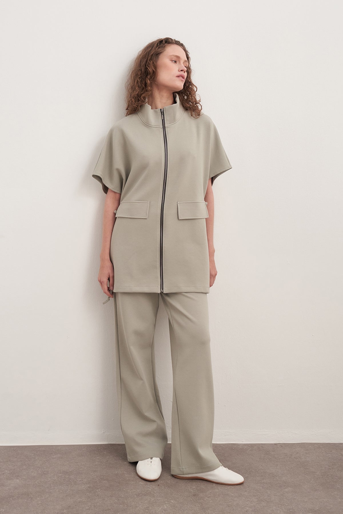 Kadın İnterlok Oversize Yelek Pantolon Takım Pastel Gri