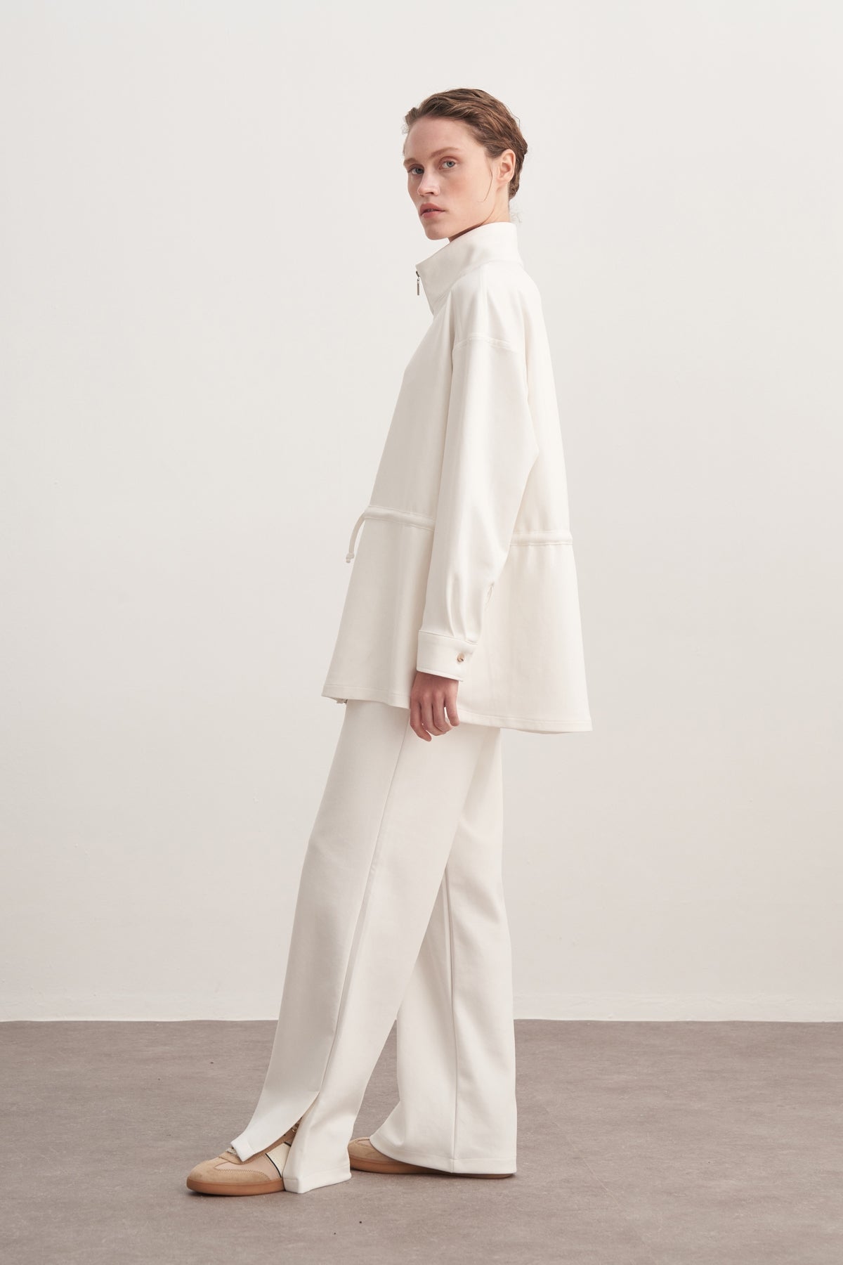 Kadın İnterlok Oversize Spor Ceket Takım Ekru