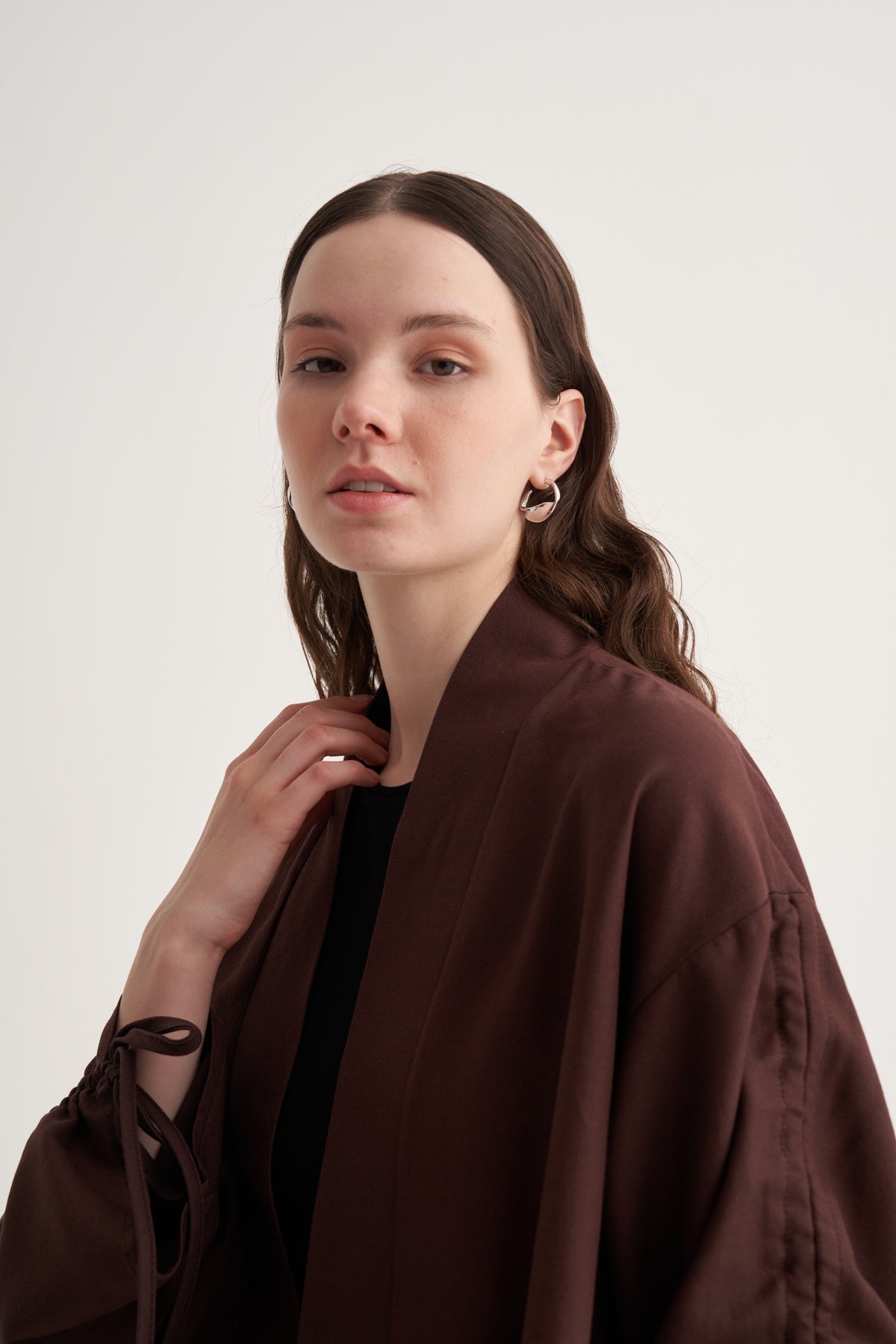 Kadın Dökümlü Pamuklu Büzgü Detaylı Kimono Pantolon Takım  Acı Kahve