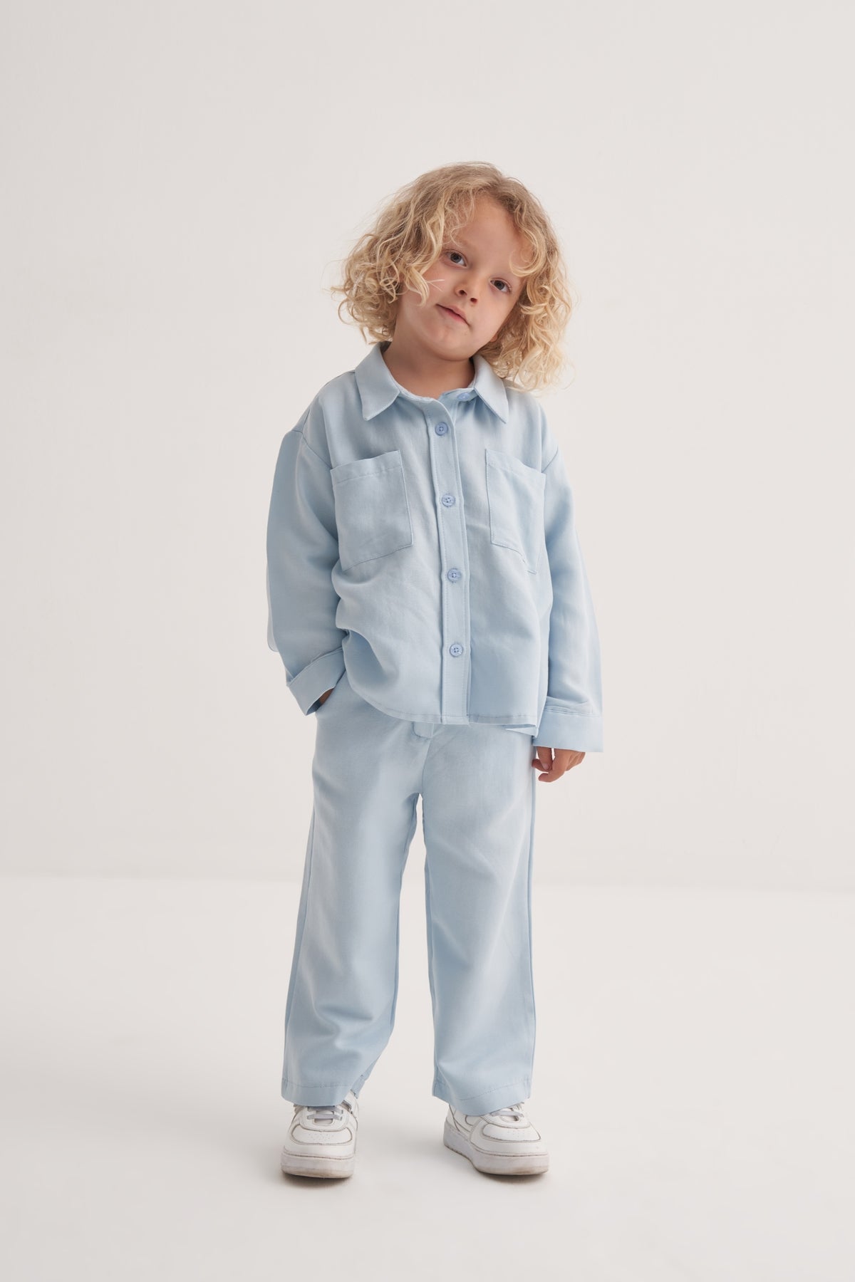 Unisex Çocuk Dökümlü Pamuklu Düğmeli Pantolon Mavi