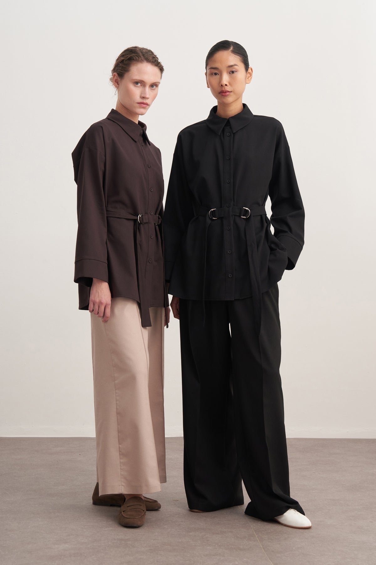 Kadın Gabardin Kemerli Gömlek Kahve