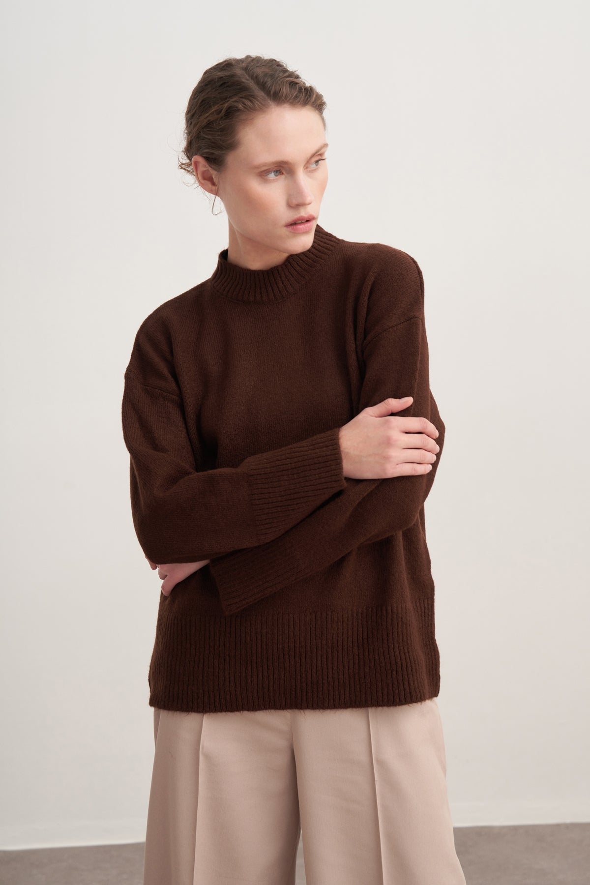 Kadın Basic Triko Kazak Kahve