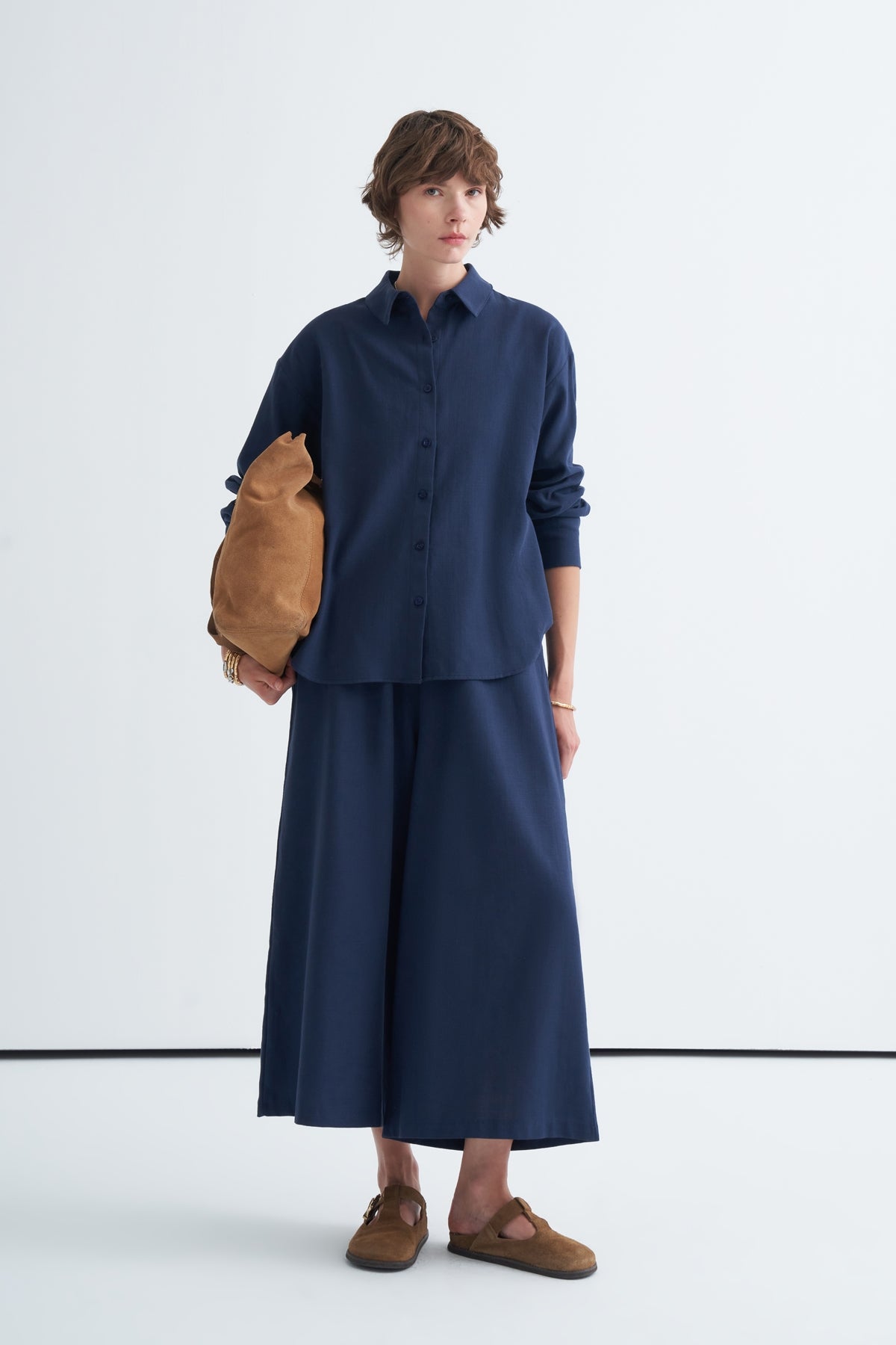 Kadın Organik Pamuklu Oversize Gömlek Pantolon Takım Lacivert