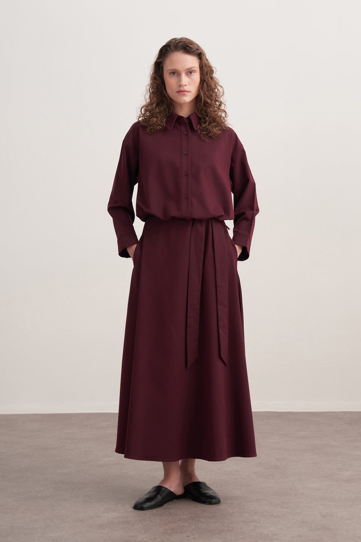 Kadın Gabardin Gömlekli Kloş Etek Takım Mürdüm