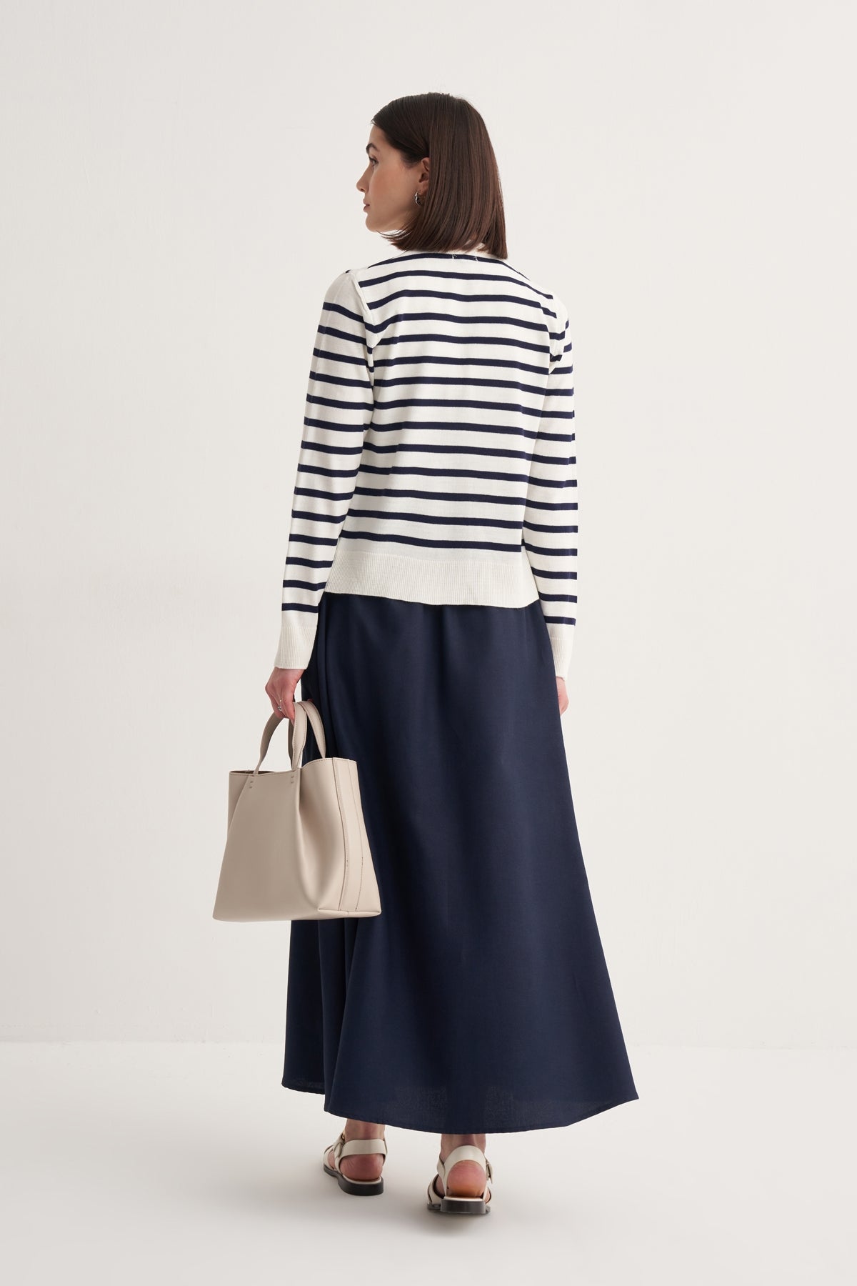 Kadın İnce Triko Çizgili Hırka Lacivert