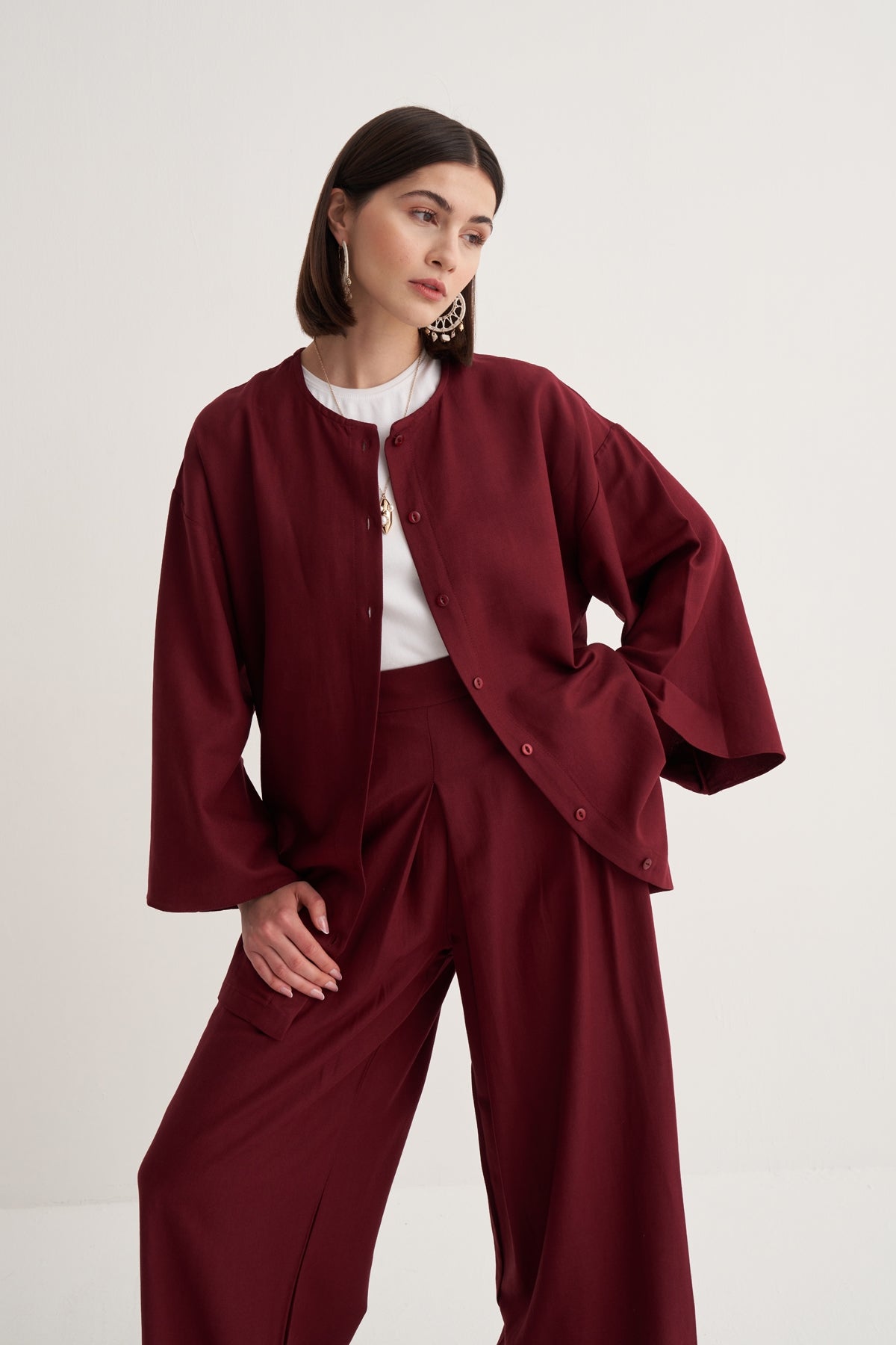 Kadın Dökümlü Pamuklu Kimono Gömlek Bordo
