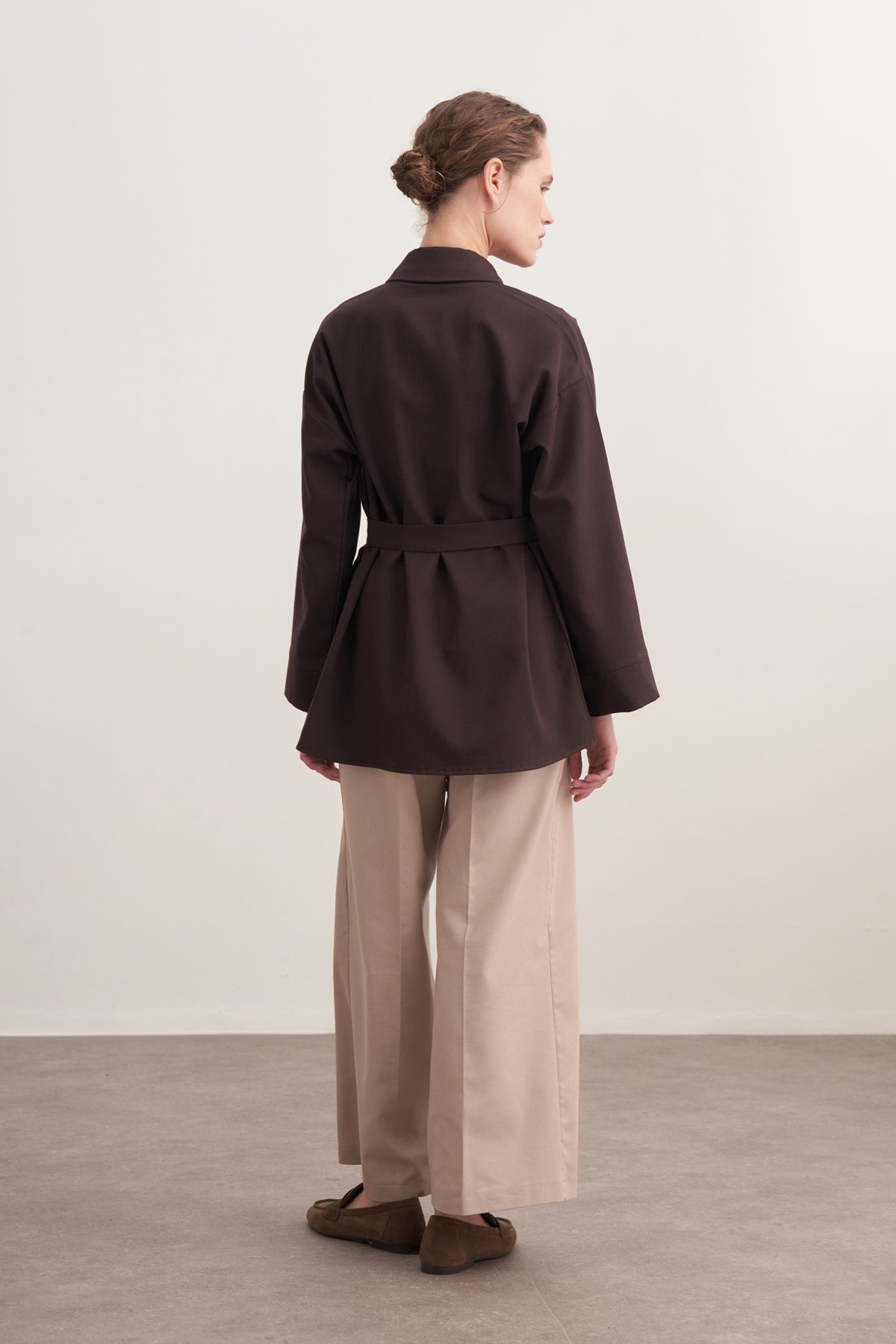 Kadın Gabardin Kemerli Gömlek Kahve