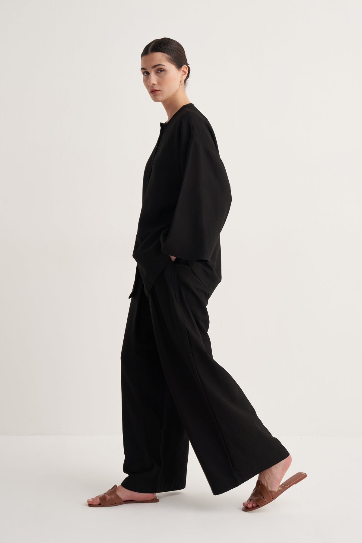 Kadın Dökümlü Pamuklu Kimono Gömlek Siyah
