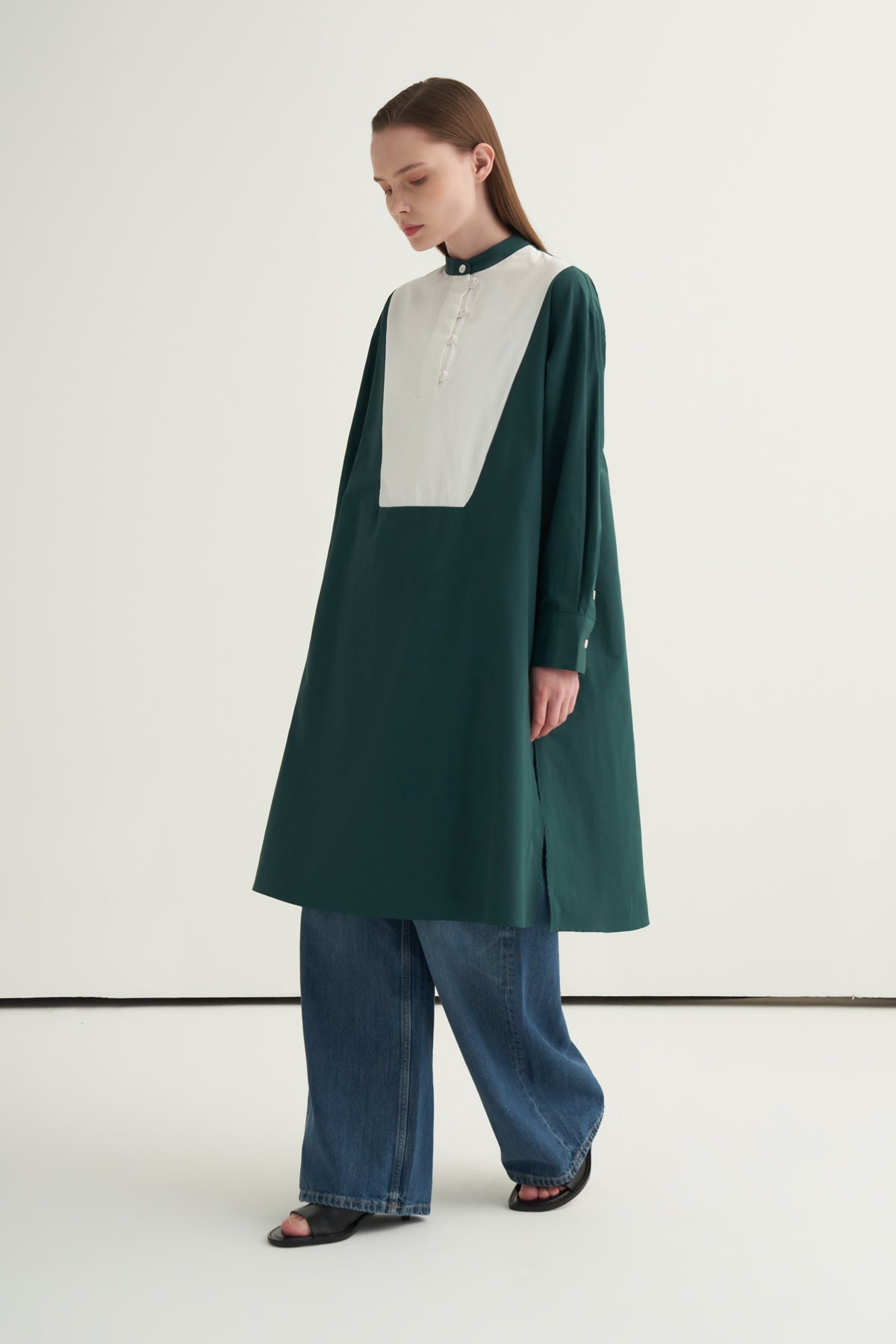 Kadın Hakim Yaka Kontrast Tunik Zümrüt