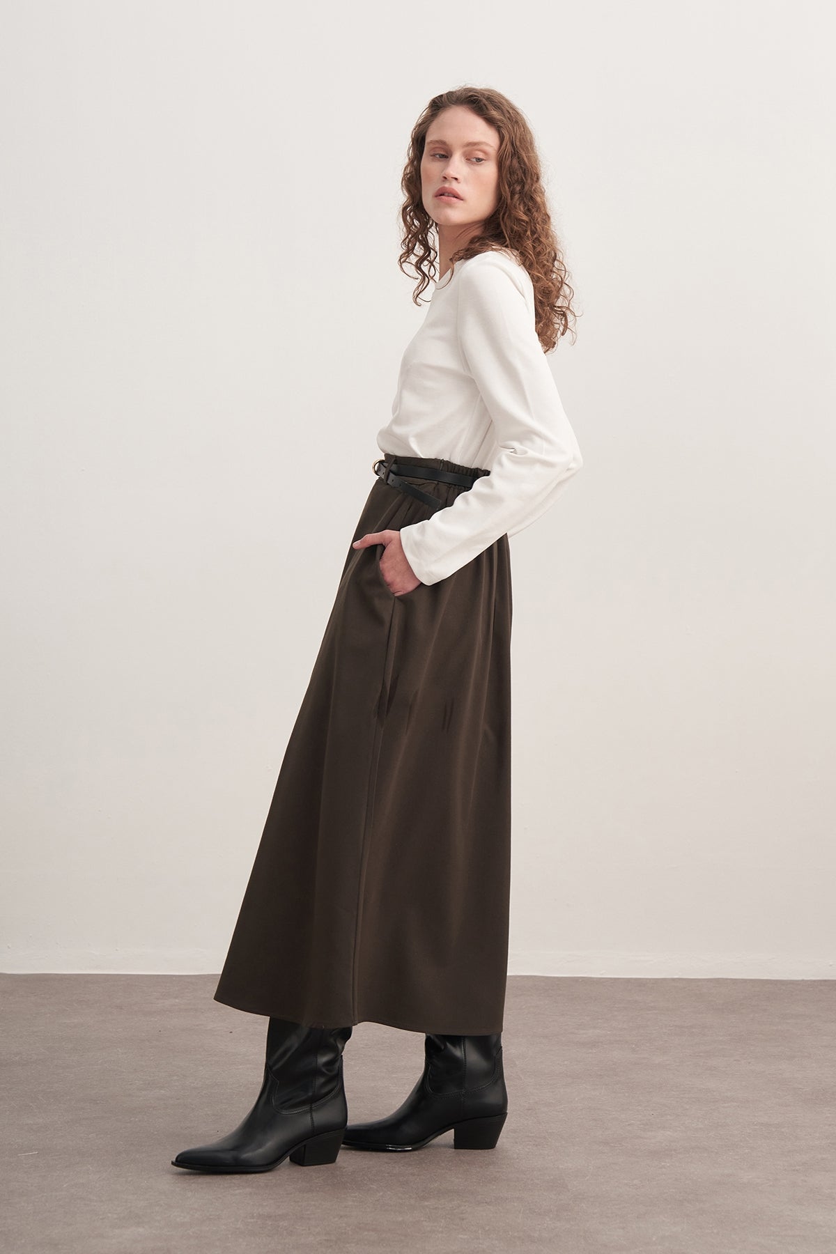 Kadın Gabardin Pilikaşe Etek Koyu Haki