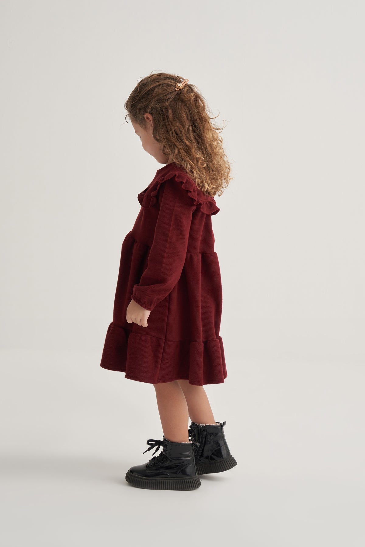 Kız Çocuk Fitilli Kat Kat Fırfırlı Elbise Bordo
