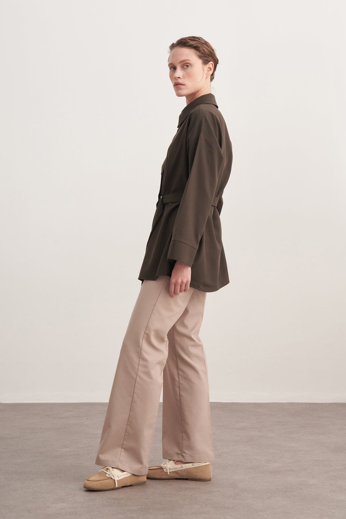 Kadın Gabardin Kemerli Gömlek Haki