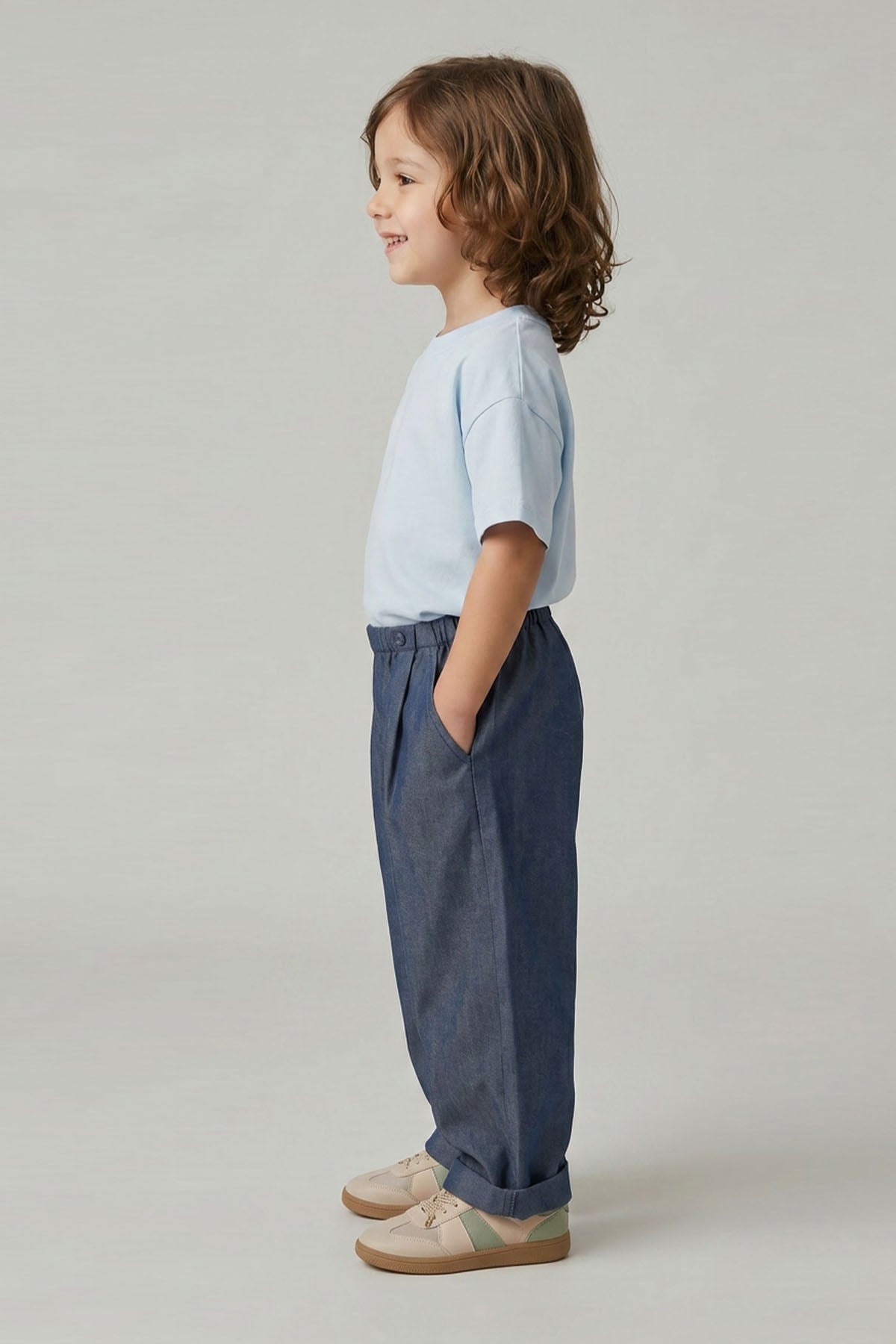 Unisex Çocuk Pileli Pantolon Tişört Takım Mavi/Kot