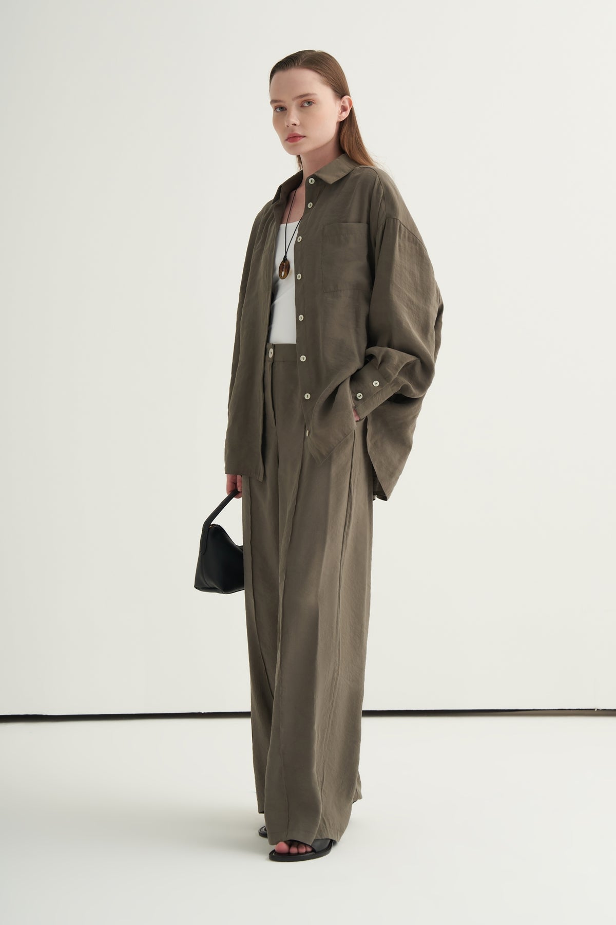 Kadın Modal Oversize Gömlek Pantolon Takım Haki