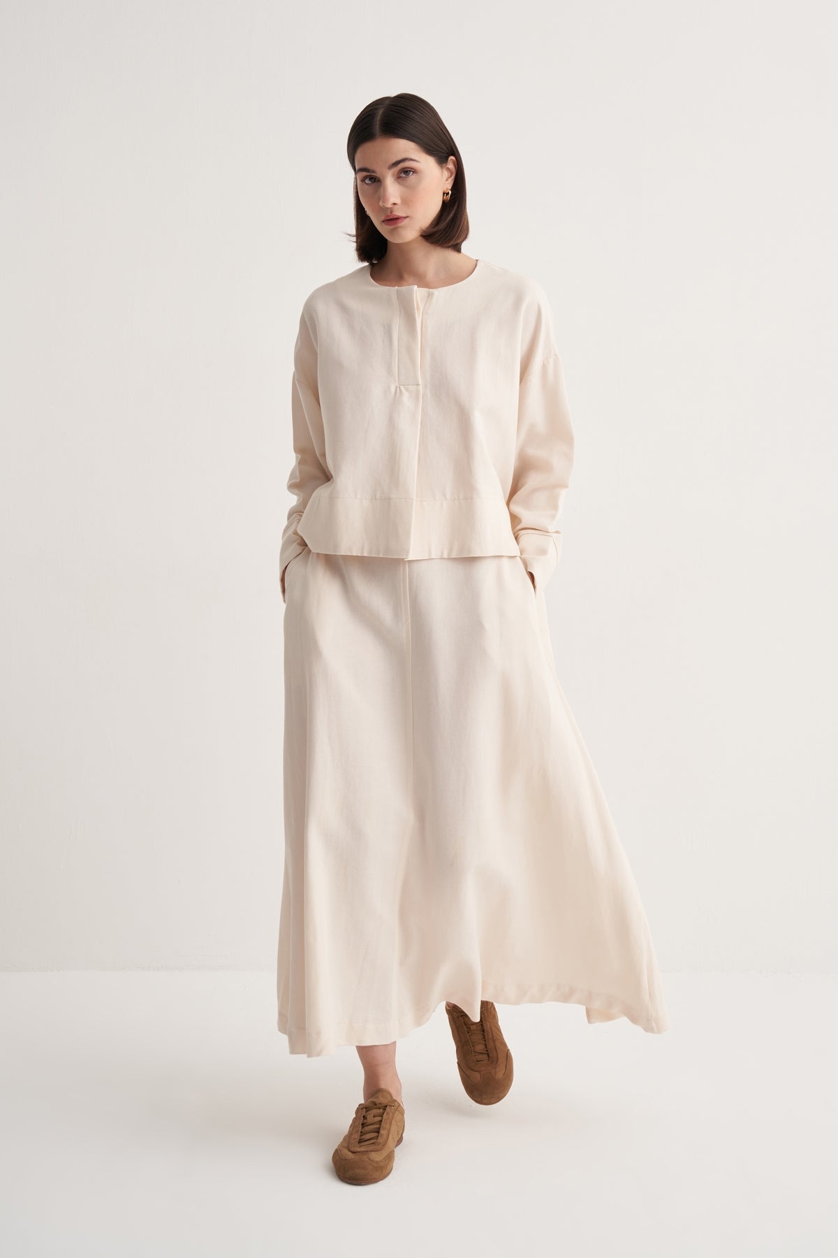 Kadın Dökümlü Pamuk Dikişli Volanlı Etek Kemik