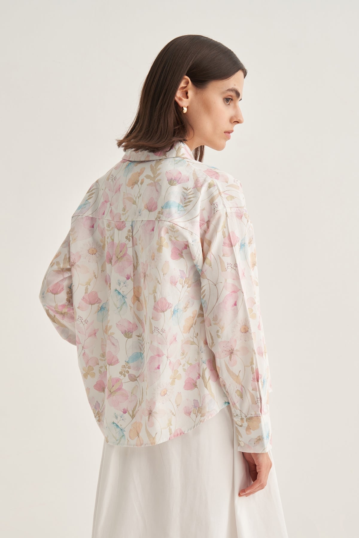 Kadın Poplin Oversize Kısa Gömlek Spring Desen Ekru