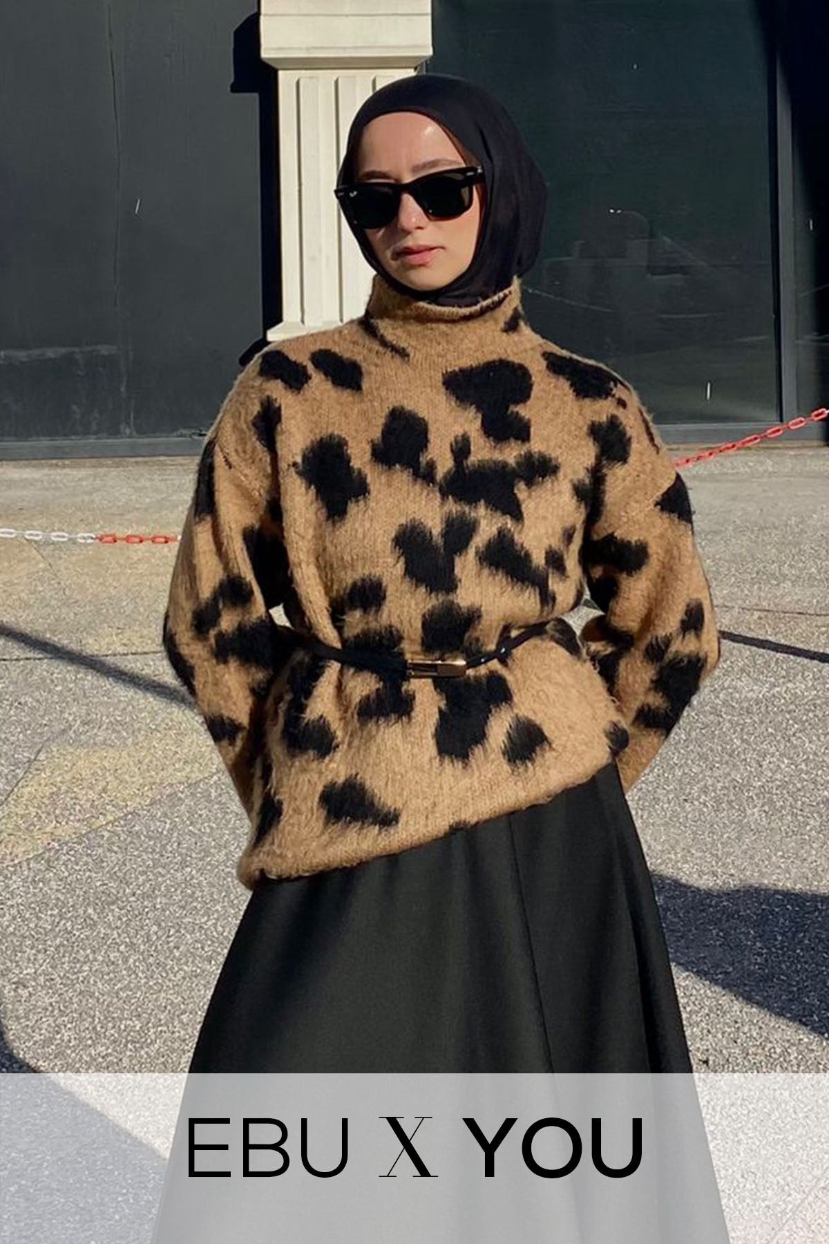 Kadın Leopar Desenli Triko Kazak Camel