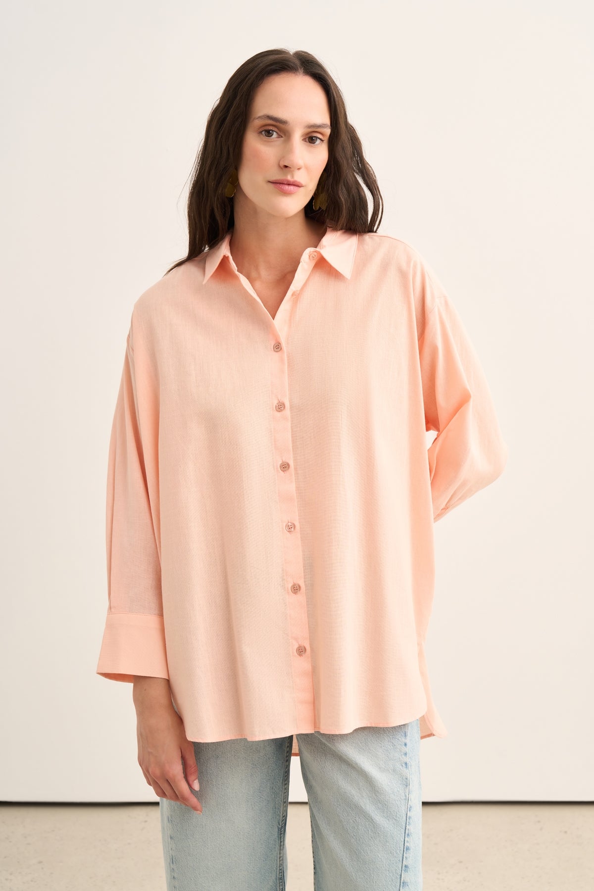 Kadın Organik Pamuklu Oversize Robalı Gömlek Somon