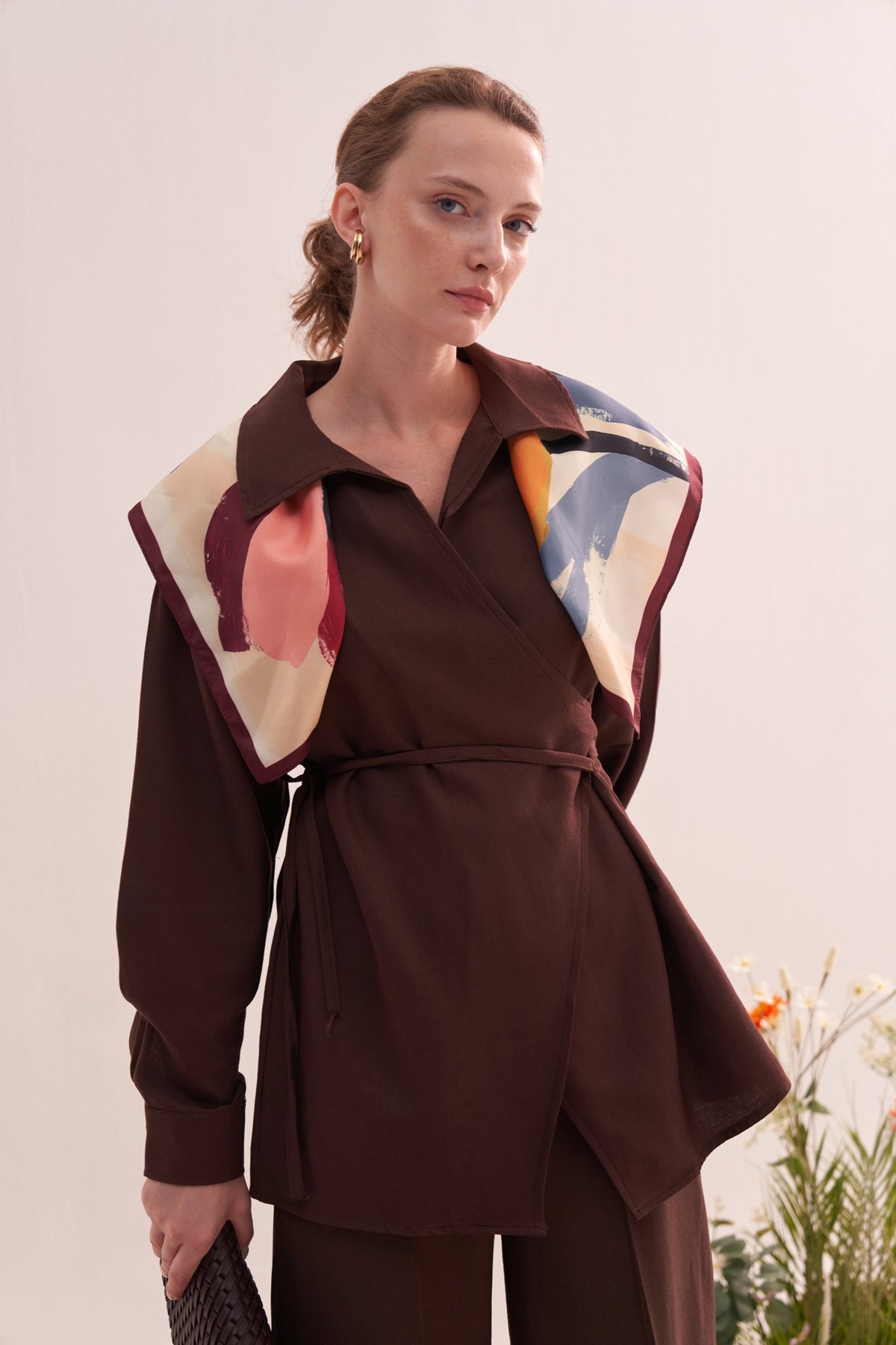 Kadın Dökümlü Pamuklu Yakalı Kimono Acı Kahve