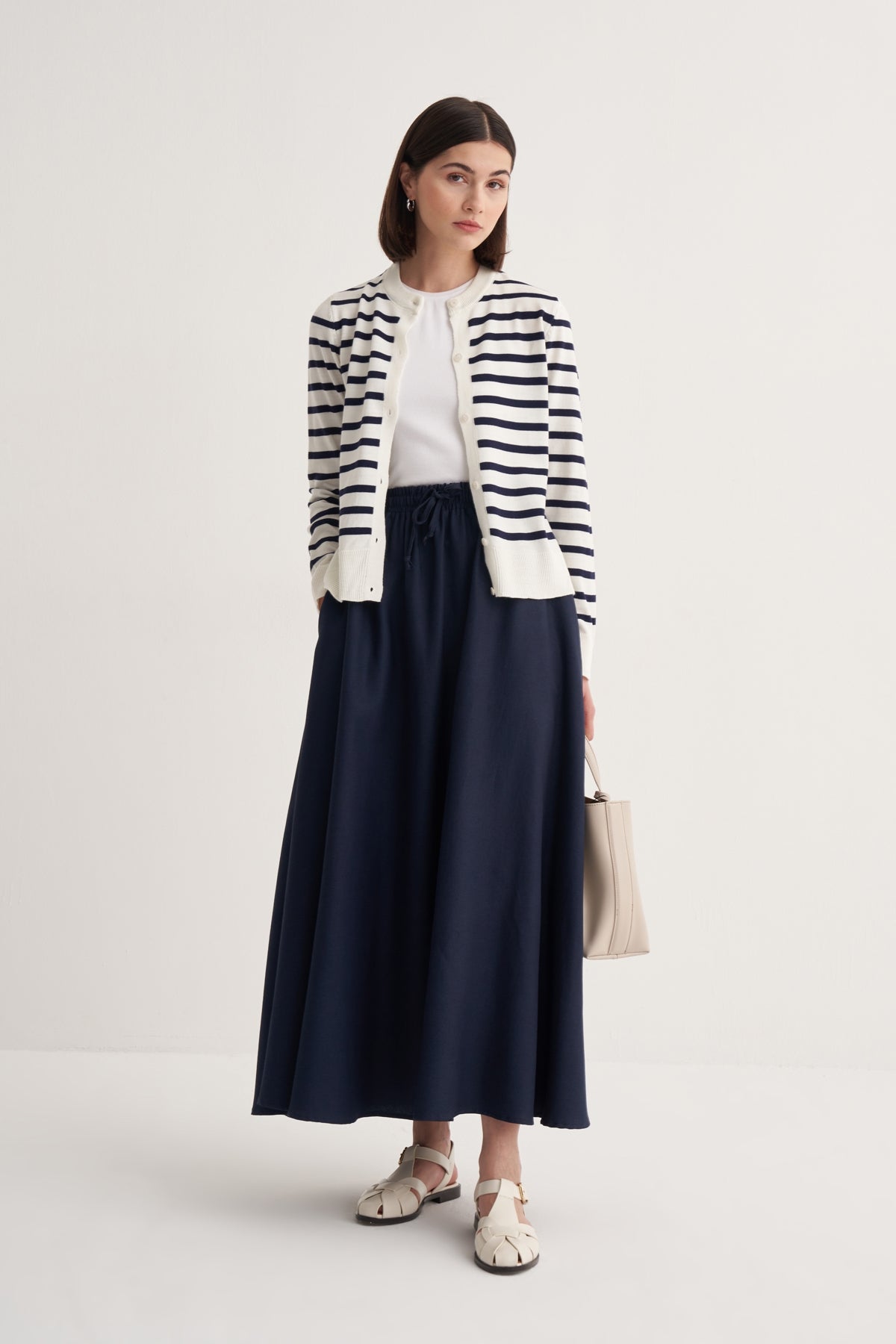 Kadın İnce Triko Çizgili Hırka Lacivert