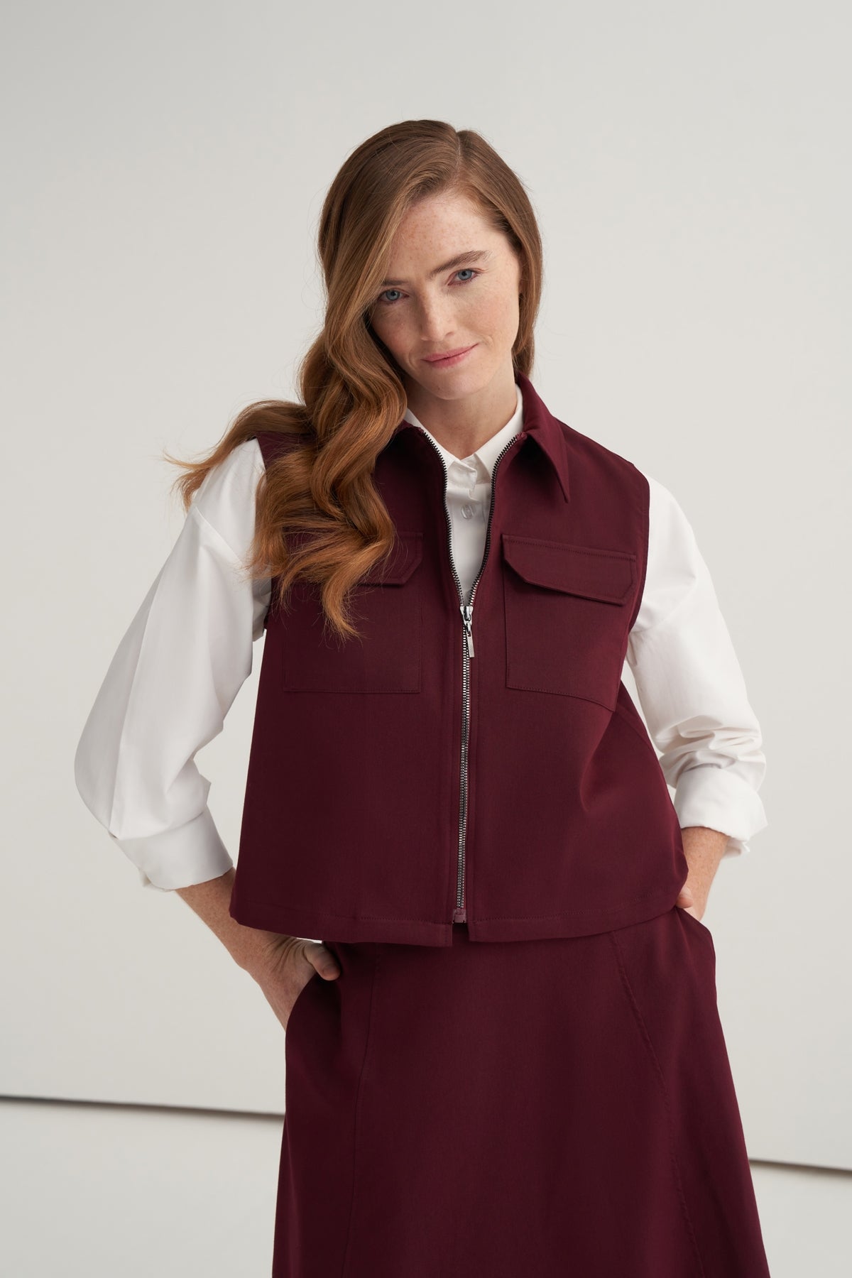 Kadın Gabardin Yelekli Etek Takım Mürdüm