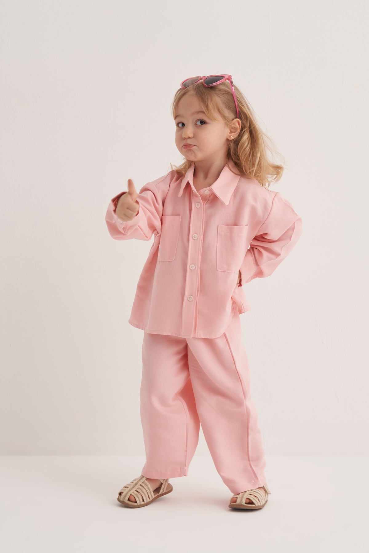 Unisex Çocuk Dökümlü Pamuklu Gömlek Pembe