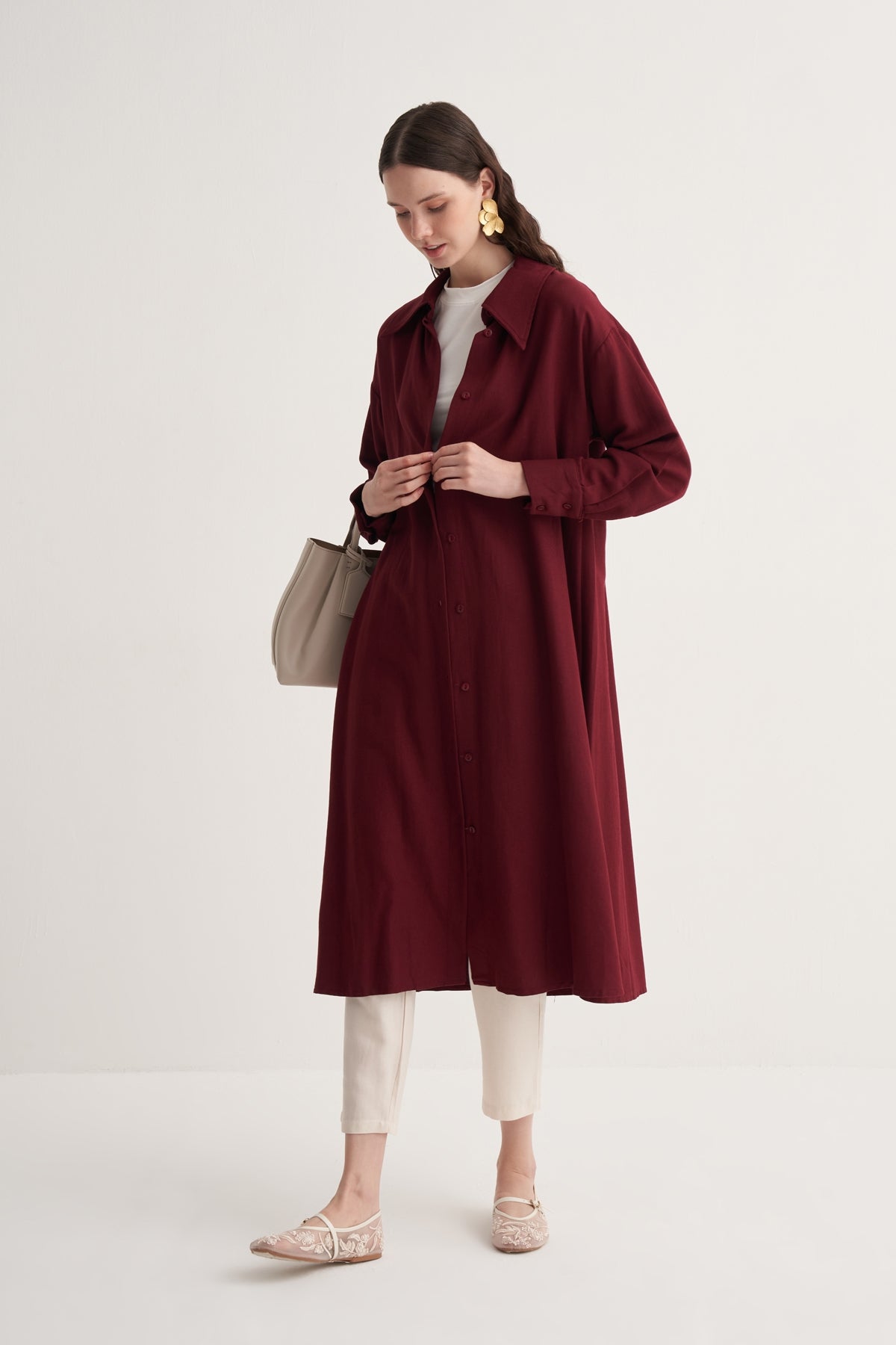 Kadın Dökümlü Pamuklu Oversize Uzun Gömlek Elbise Bordo