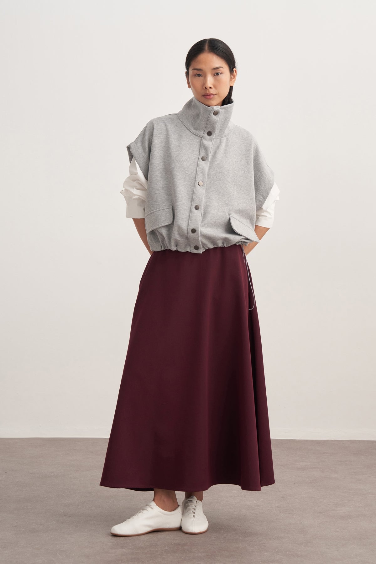 Kadın Gabardin Kemerli Kloş Etek Koyu Mürdüm