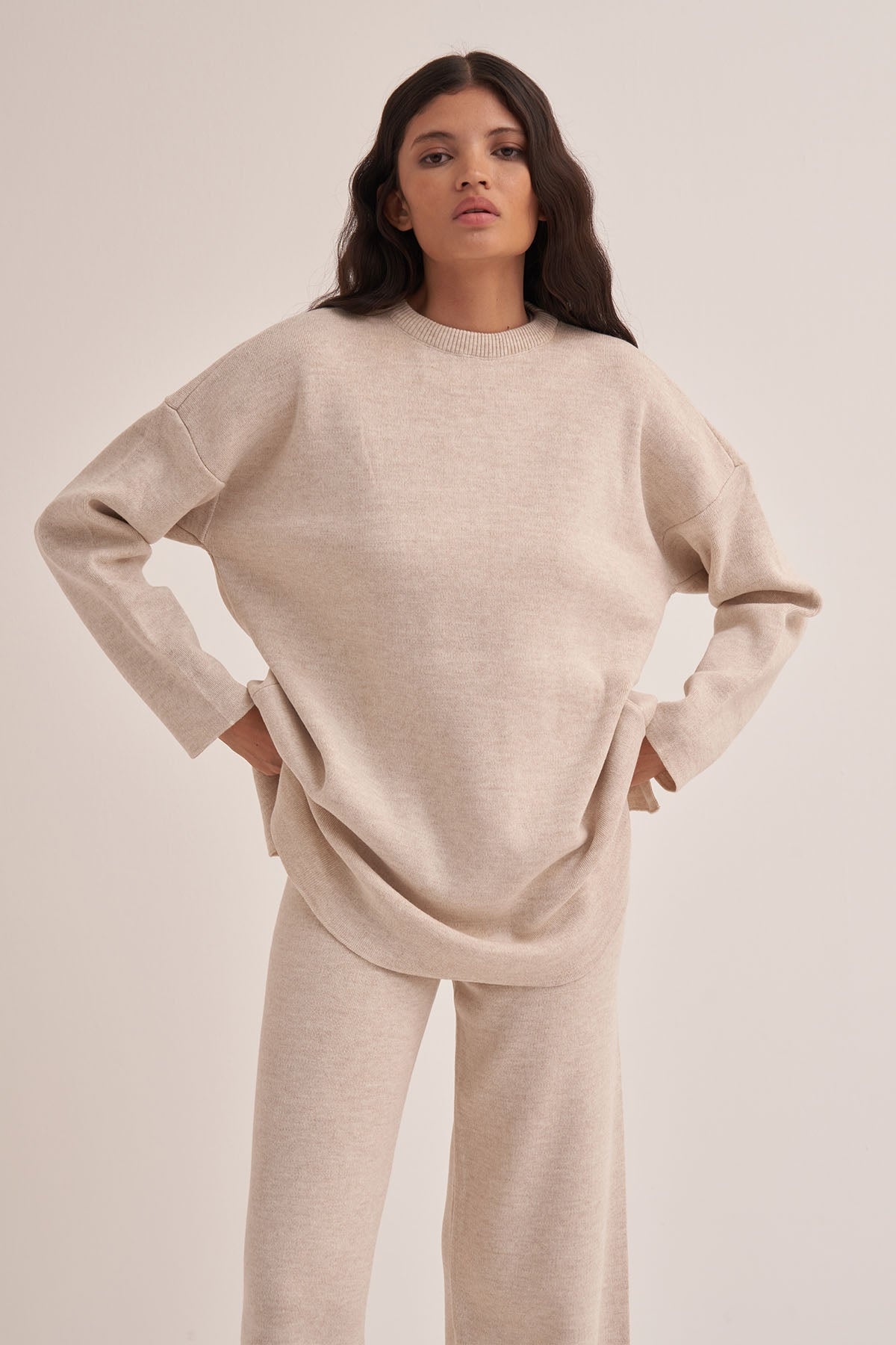 Kadın Soft Bol Paça Triko Pantolon Taş