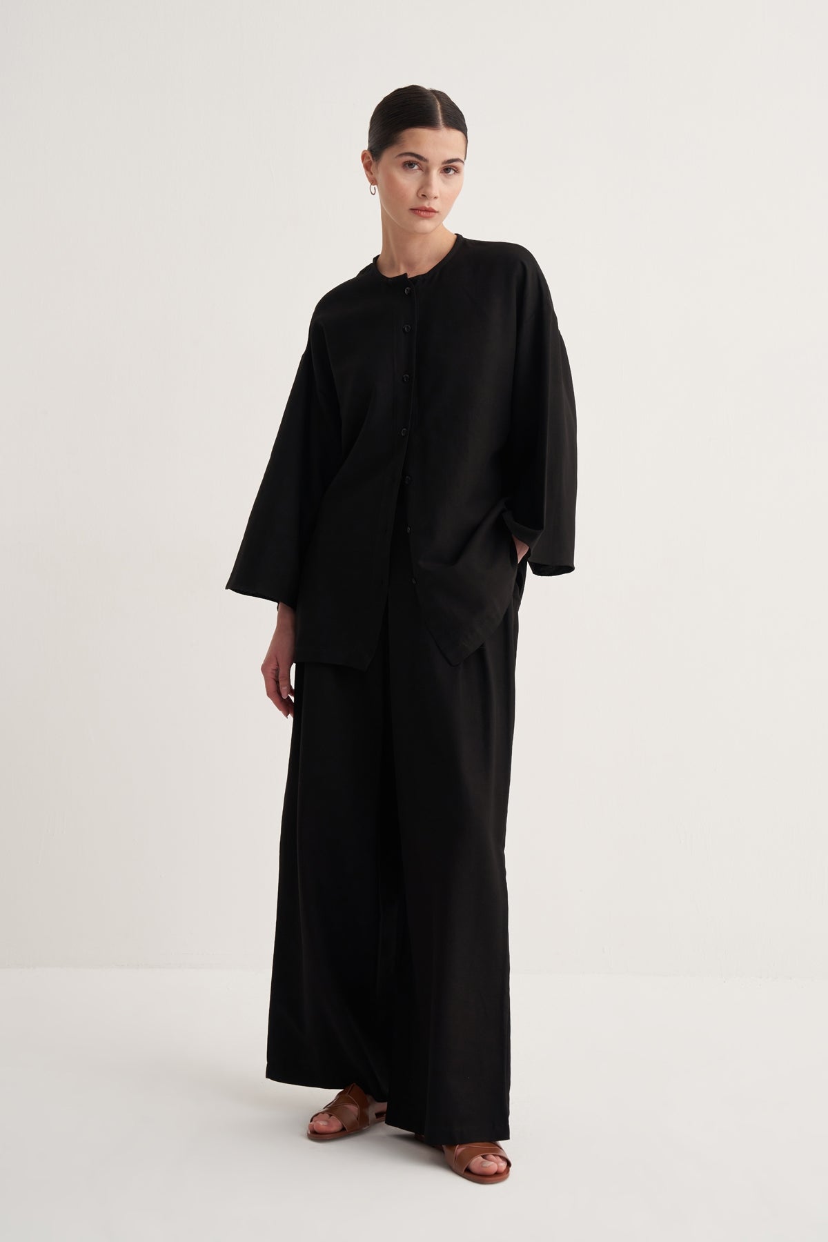 Kadın Dökümlü Pamuklu Kimono Gömlek Siyah