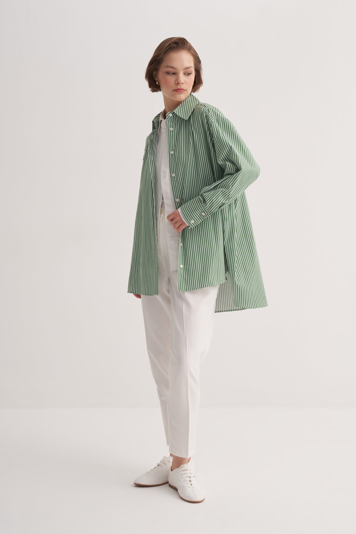 Kadın Poplin Oversize Robalı Gömlek Çizgili Yeşil