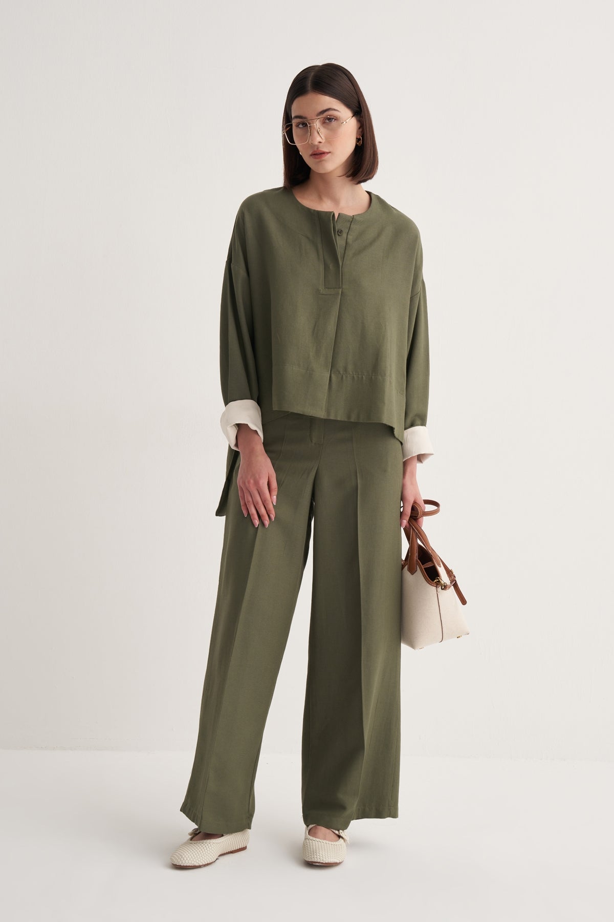 Kadın Dökümlü Pamuklu Palazzo Pantolon Haki