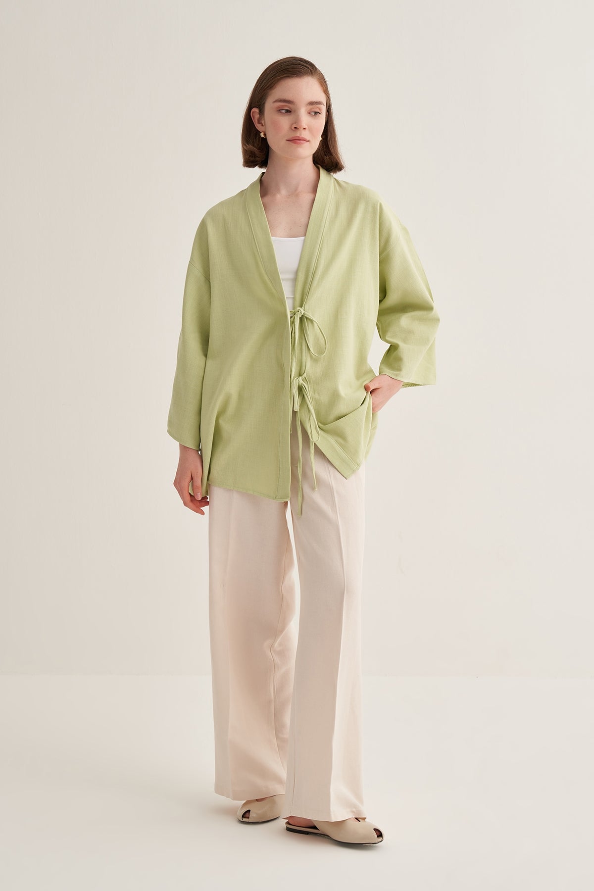Kadın Organik Pamuklu Oversize Kimono Açık Yeşil