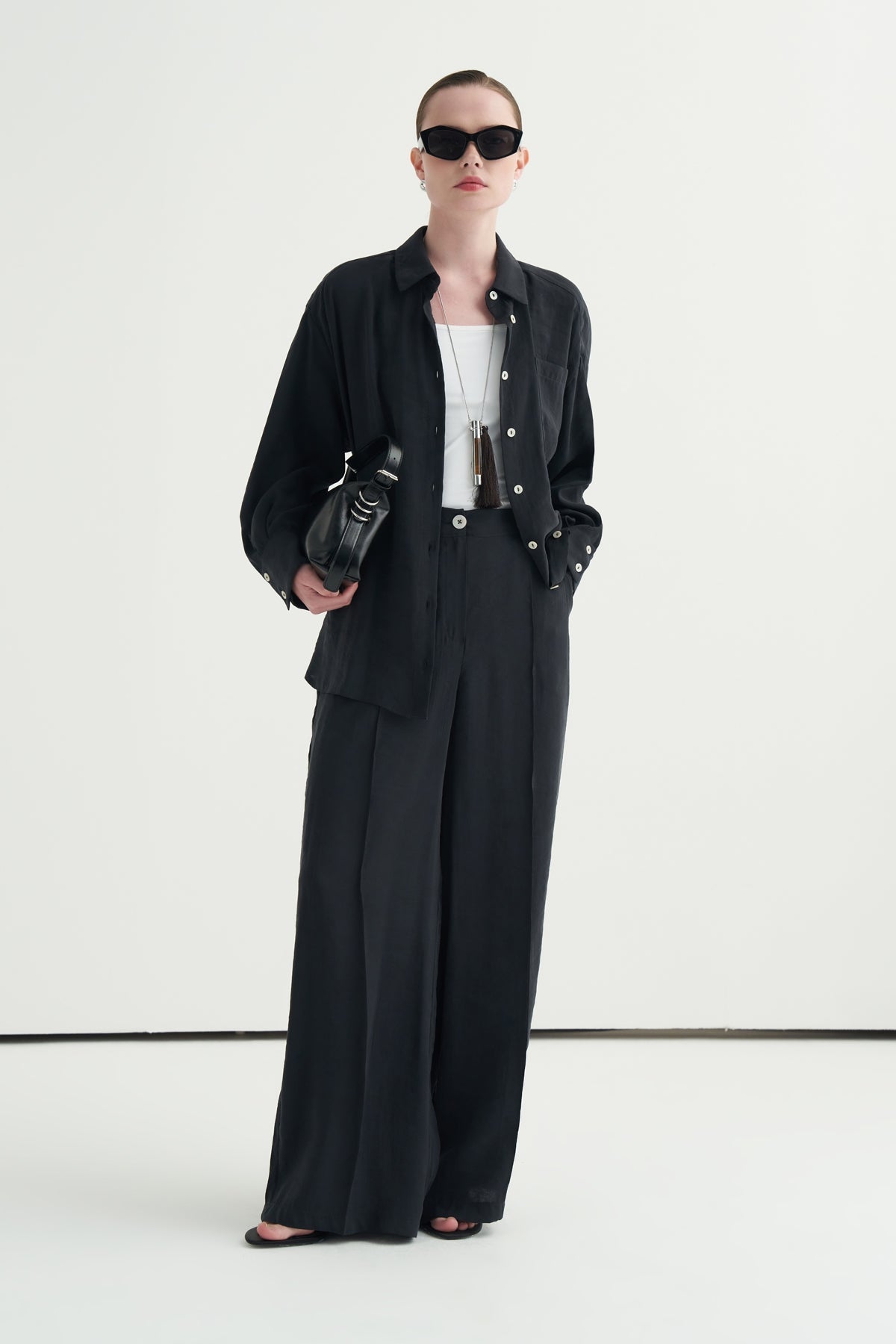 Kadın Modal Oversize Gömlek Pantolon Takım Siyah