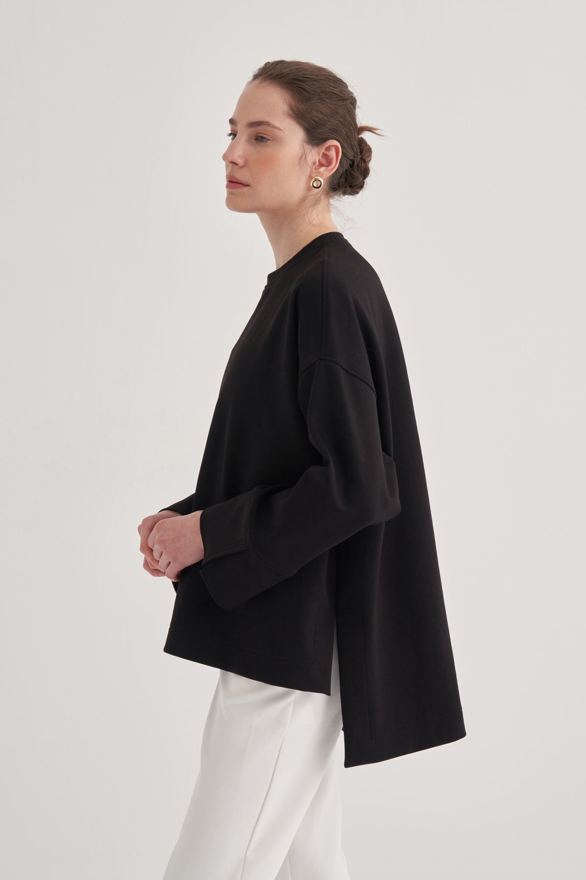 Kadın İnterlok Kol Detaylı Bluz Siyah