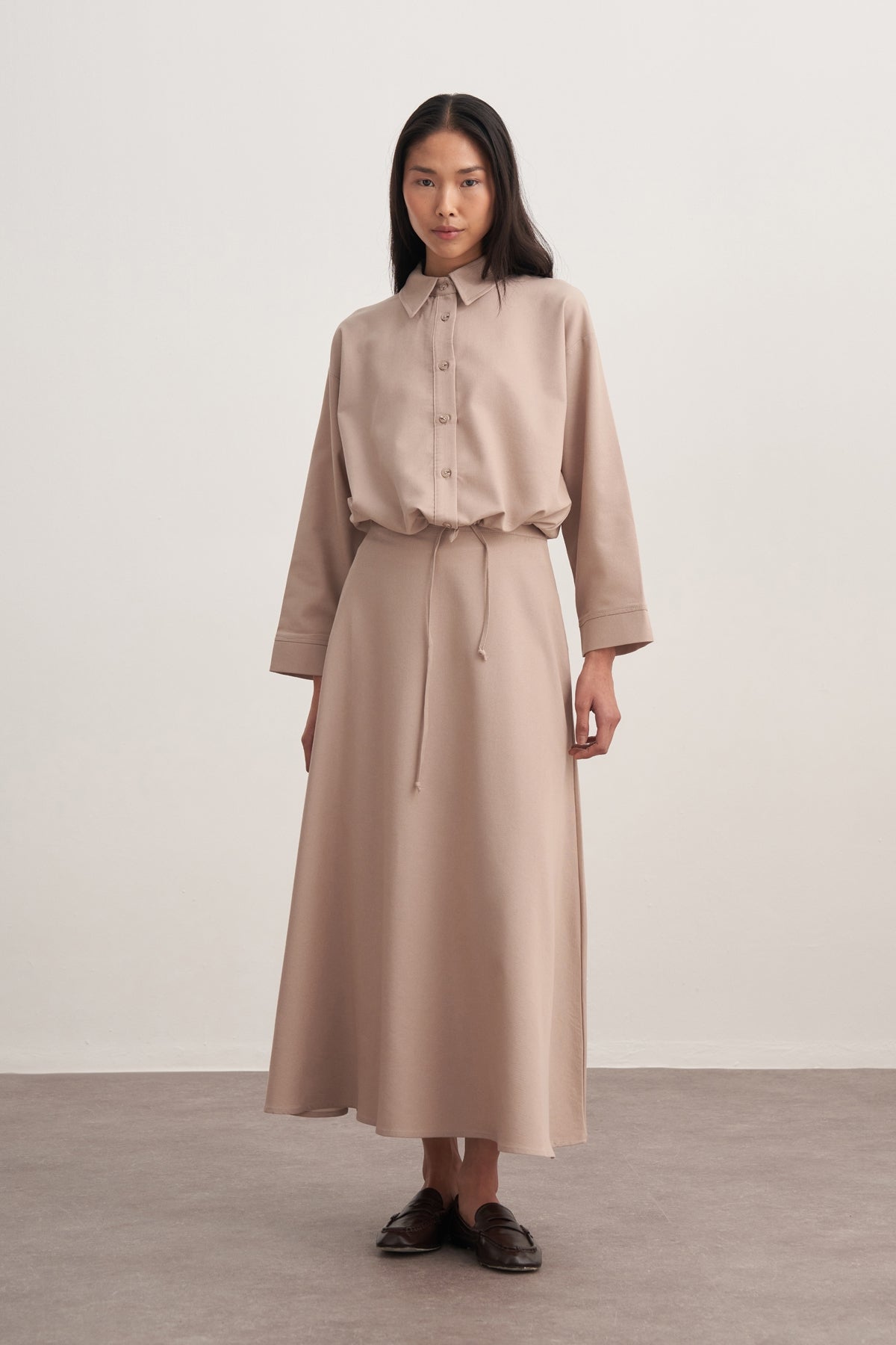 Kadın Gabardin Gömlekli Kloş Etek Takım Bej