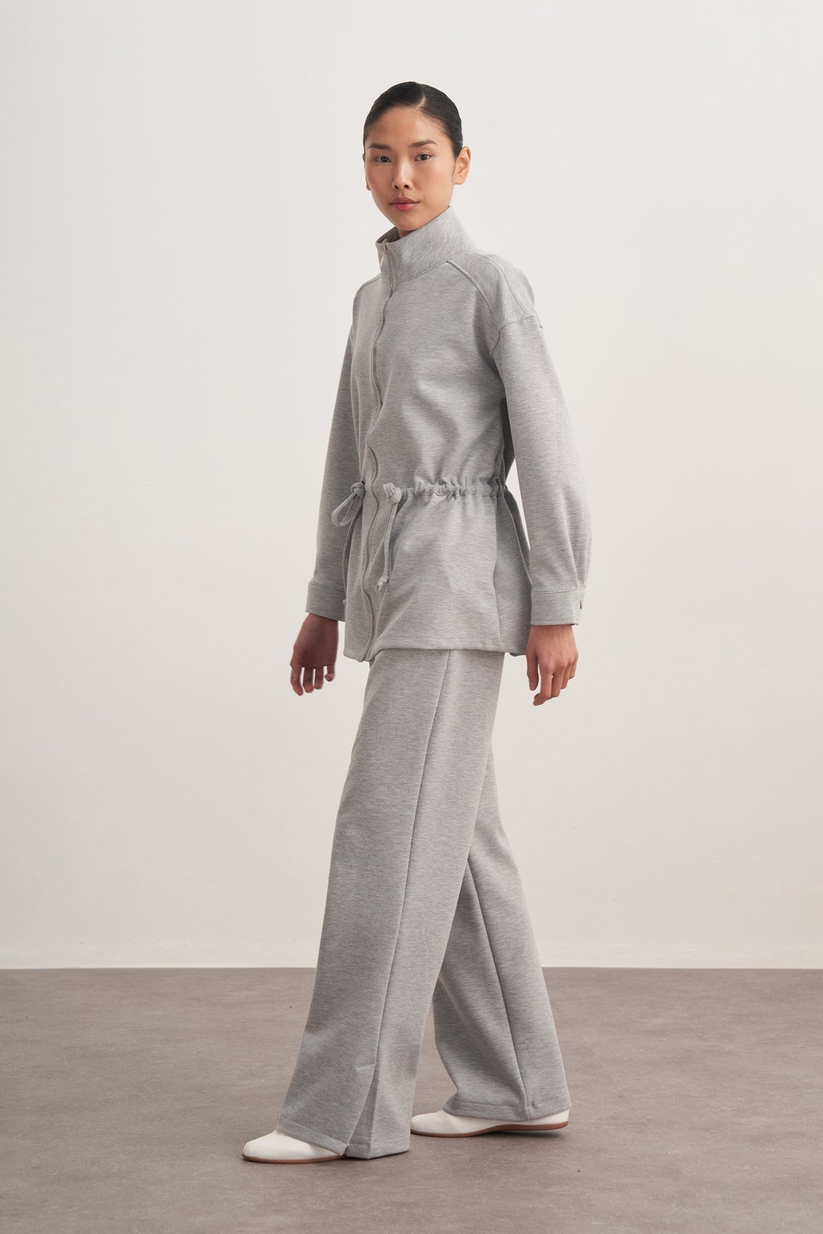 Kadın İnterlok Oversize Spor Ceket Takım Gri Melanj