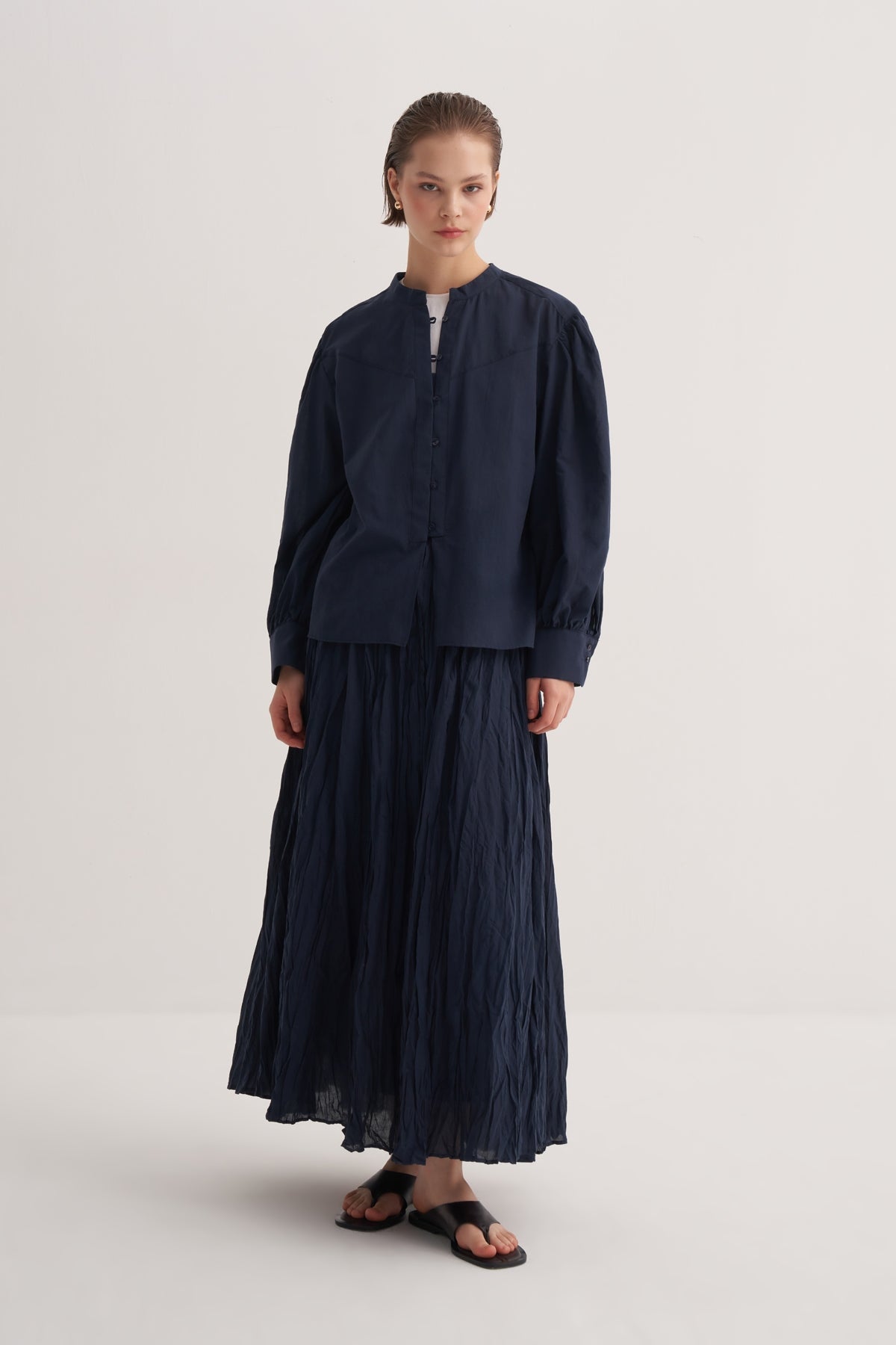 Kadın Pamuk Vual Bluz Lacivert