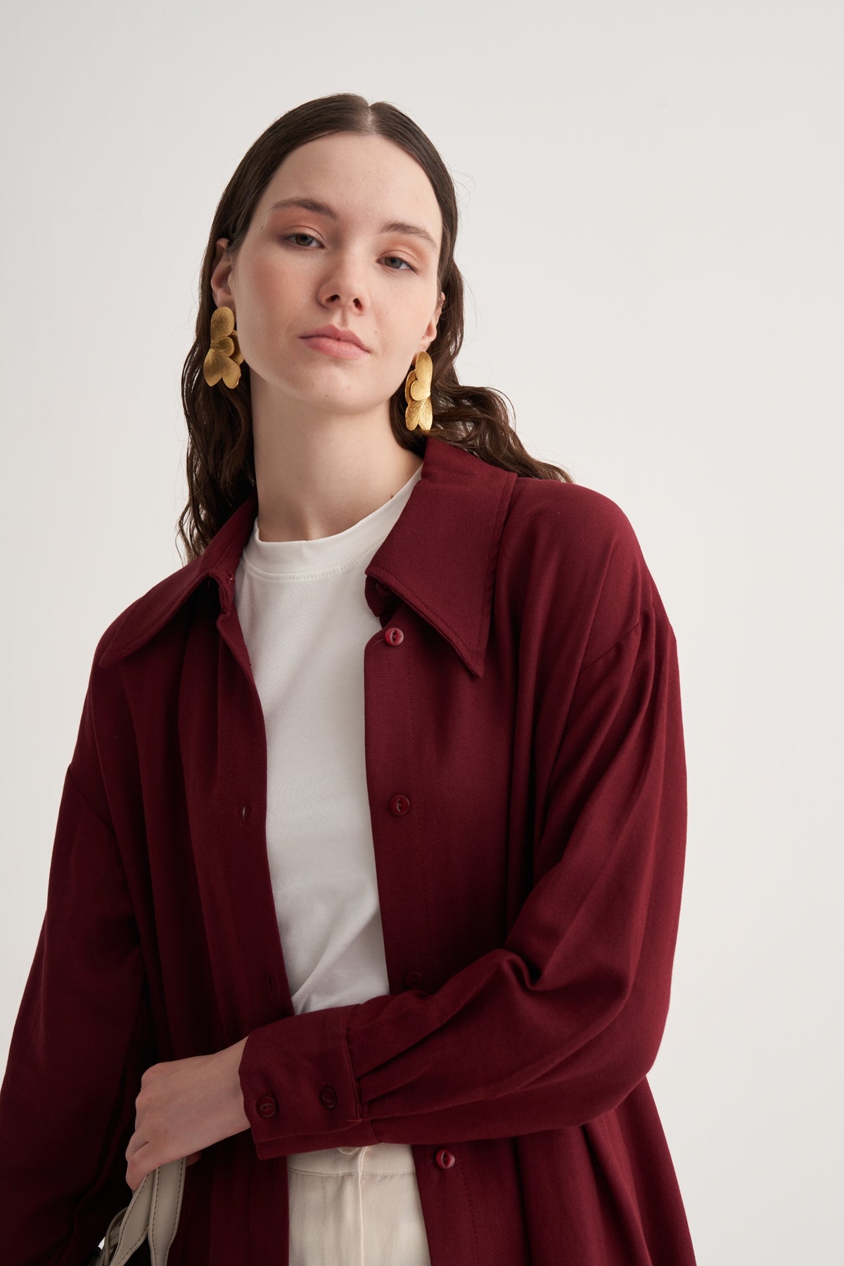 Kadın Dökümlü Pamuklu Oversize Uzun Gömlek Elbise Bordo