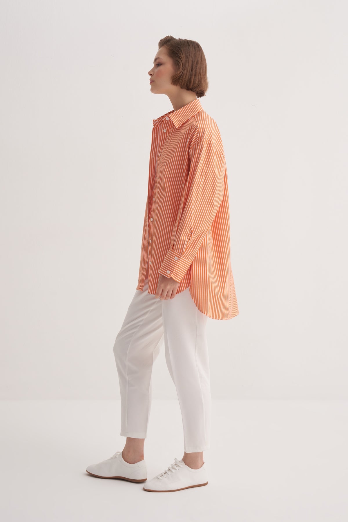 Kadın Poplin Oversize Robalı Gömlek Çizgili Turuncu