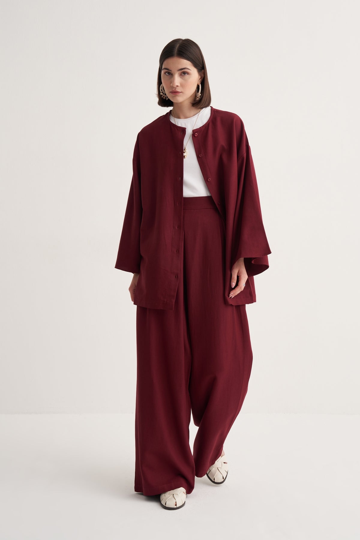 Kadın Dökümlü Pamuklu Kimono Gömlek Bordo
